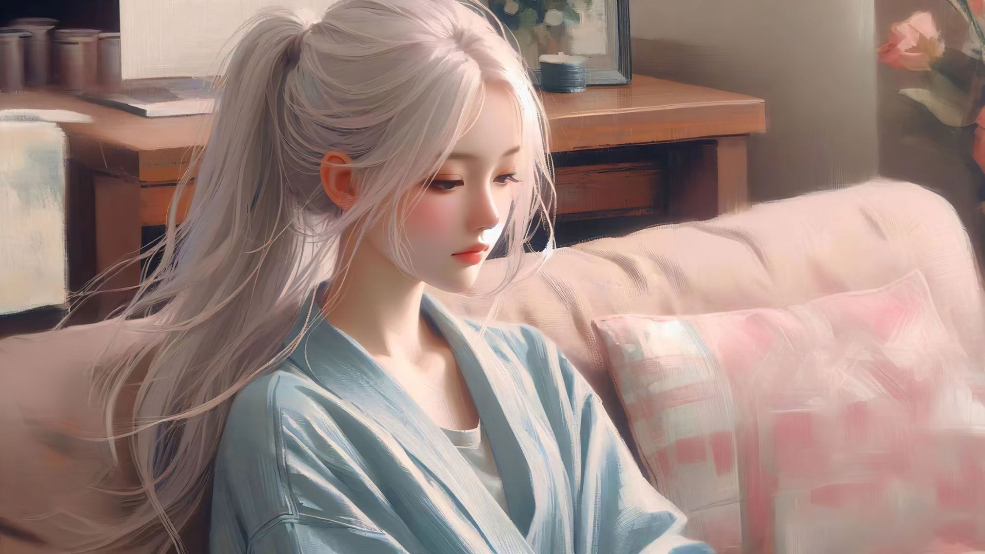 居家坐在沙发上的马尾辫少女电脑壁纸