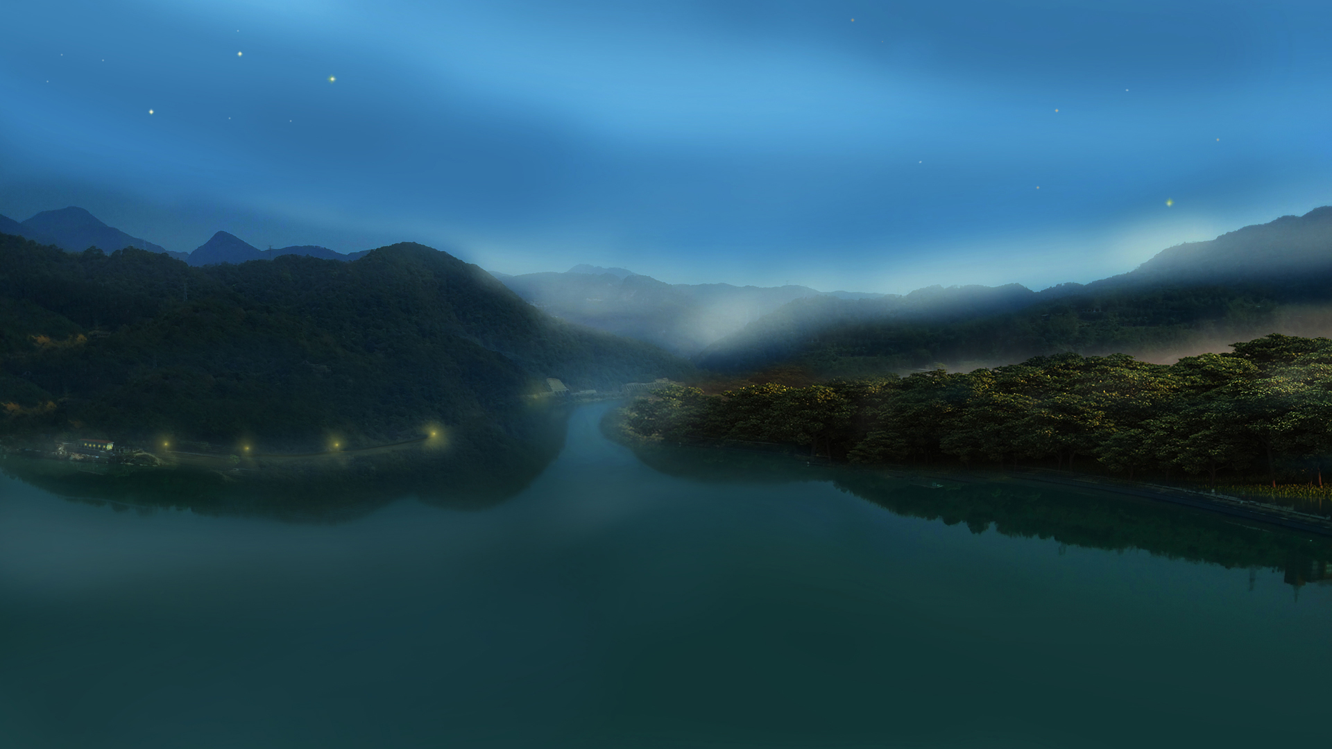 原创风景 夜空 河流 山水风景壁纸