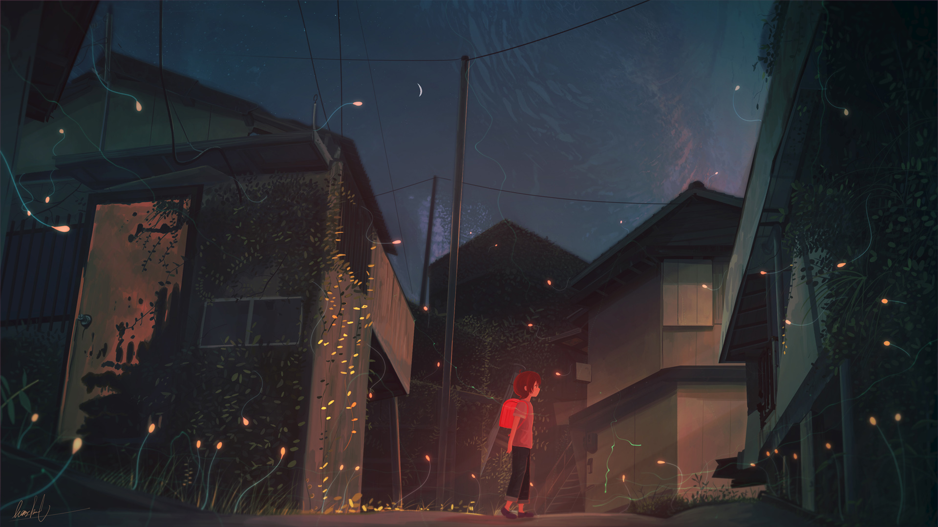 夜路 小女孩 房屋 动漫壁纸