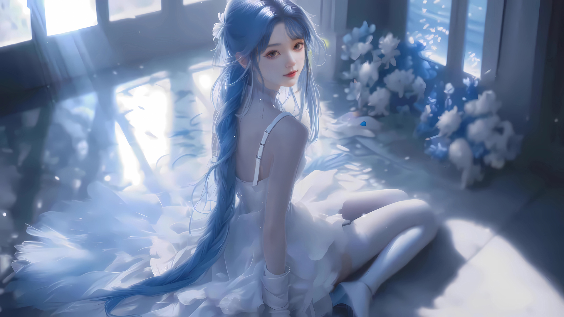 蓝色婚纱动漫女孩 电脑壁纸