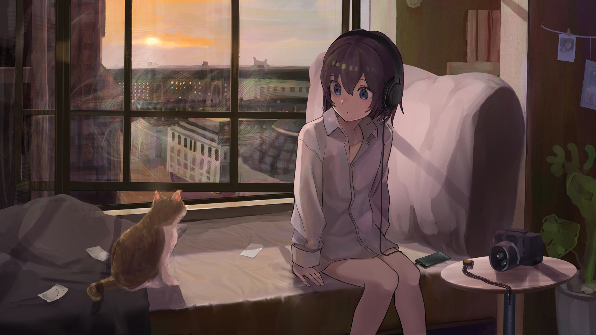 女生与猫共绘窗户美景，唯美动漫壁纸，免费电脑壁纸下载