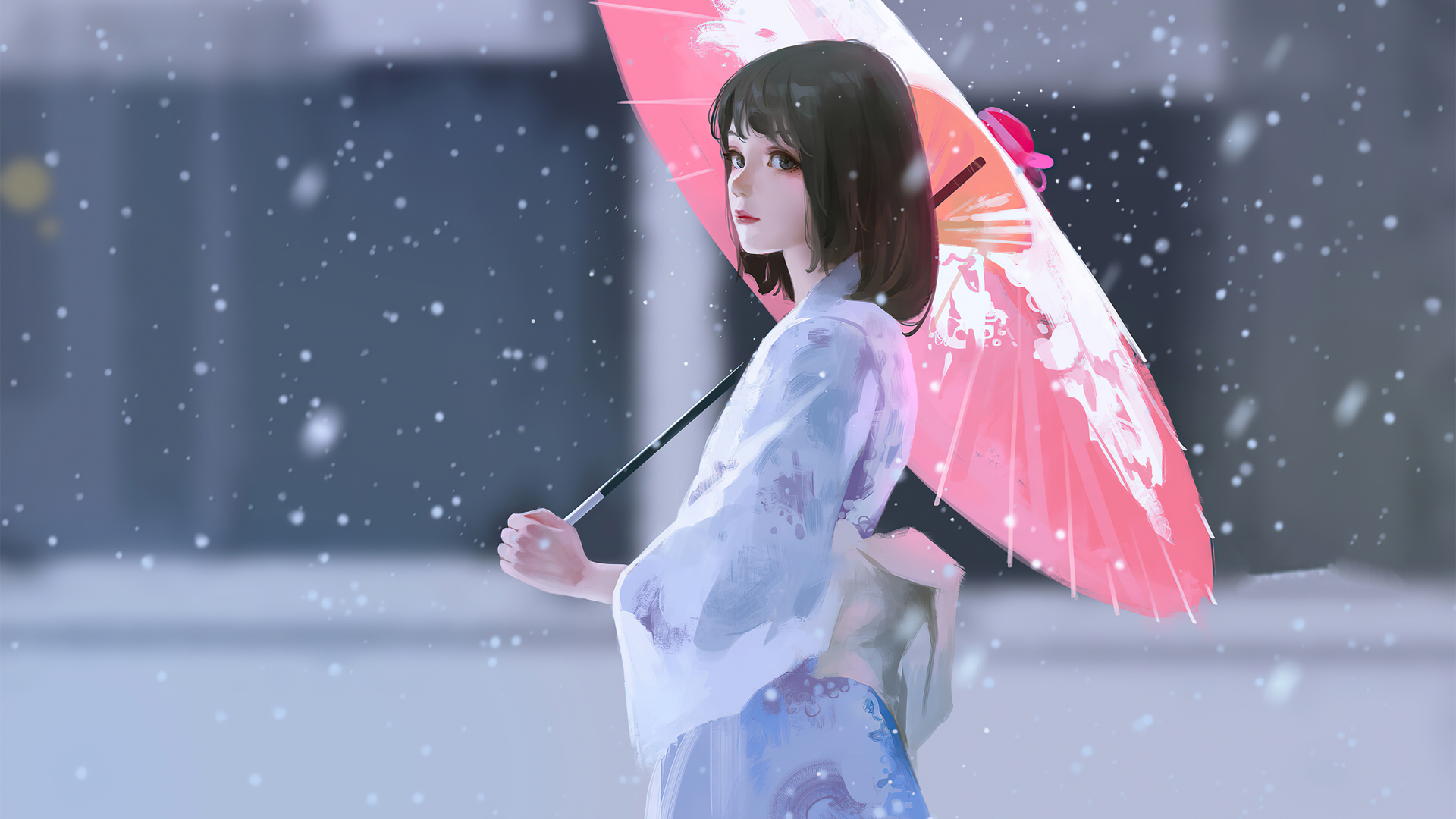 雨雪之日，撑伞女孩和服动漫壁纸 - 免费高清电脑壁纸下载
