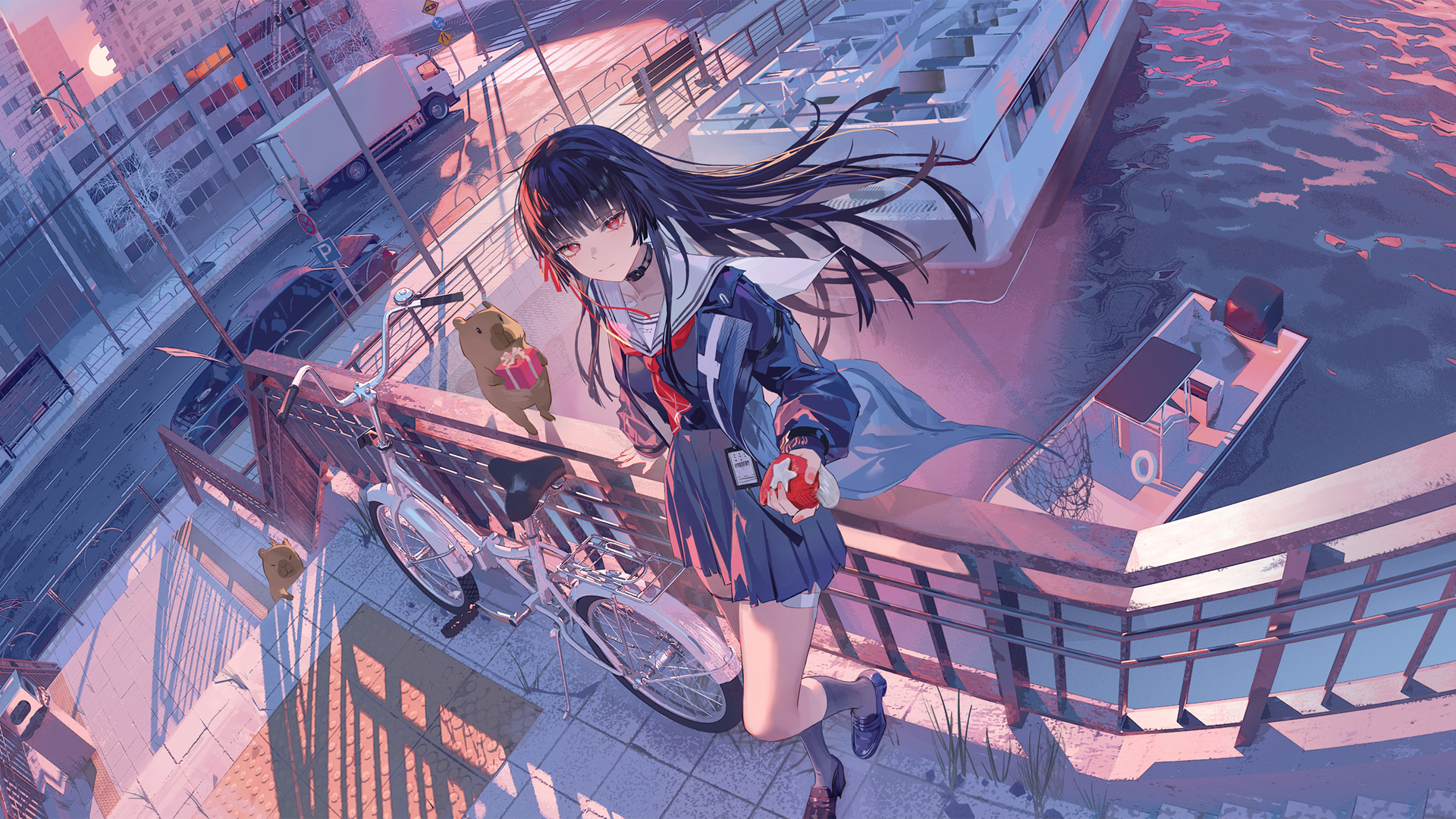 长发女孩齐刘海站立围栏旁单车动漫免费电脑壁纸下载