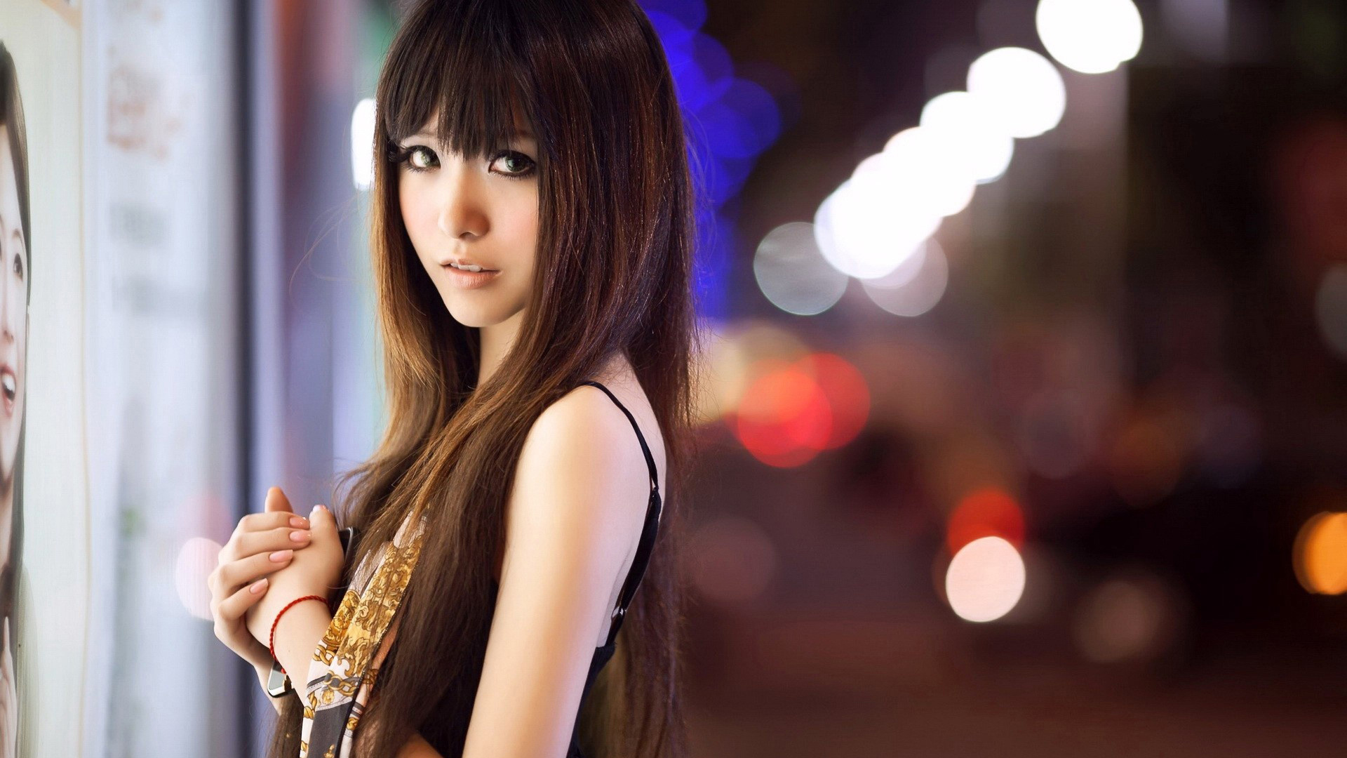 美女，眼睛，长头发，心情，霓虹灯下，谁懂她此刻的心情，壁纸