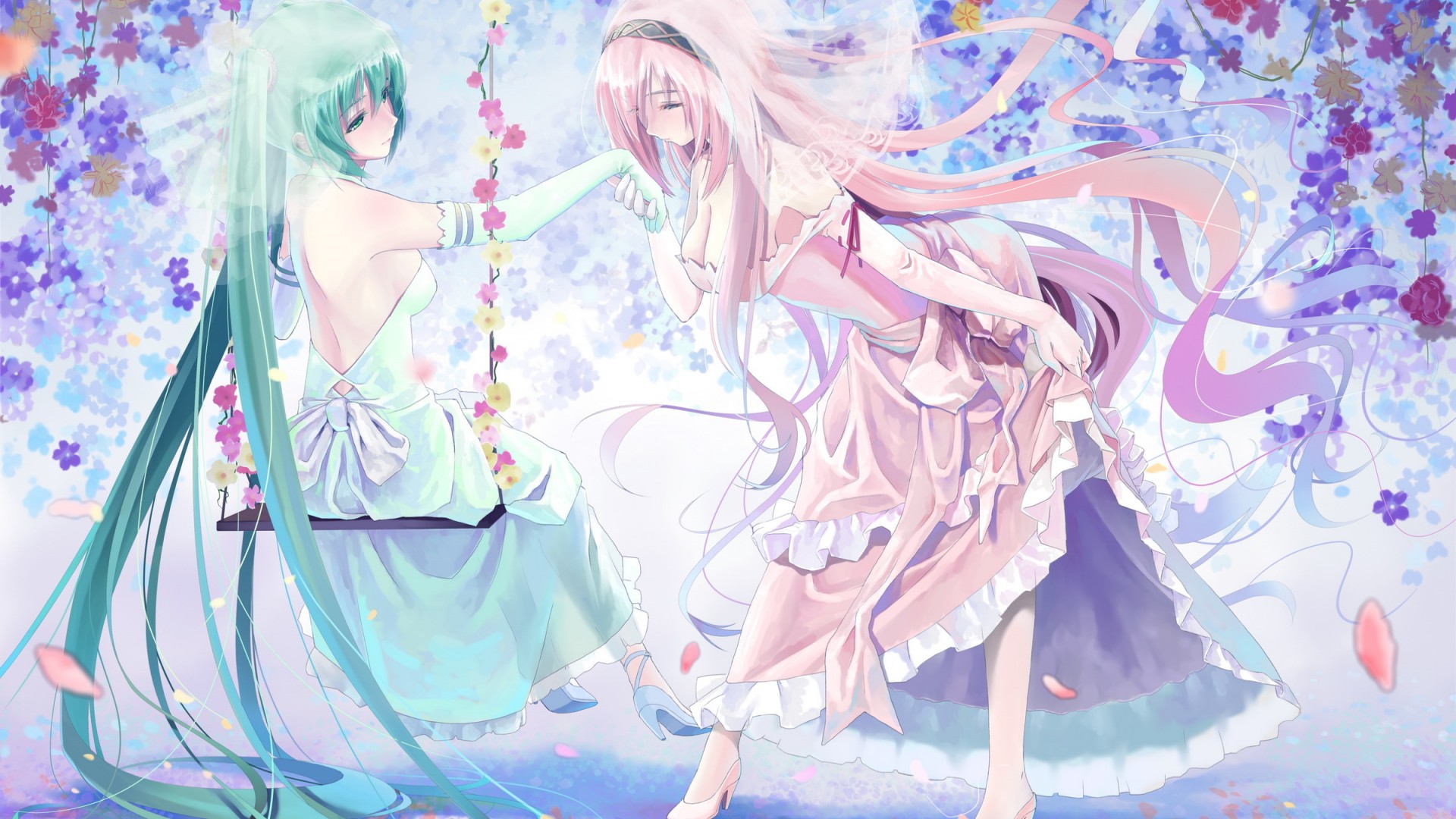 两个女孩清新动漫壁纸，初音未来唯美演绎，小清新花瓣风格，免费下载电脑壁纸