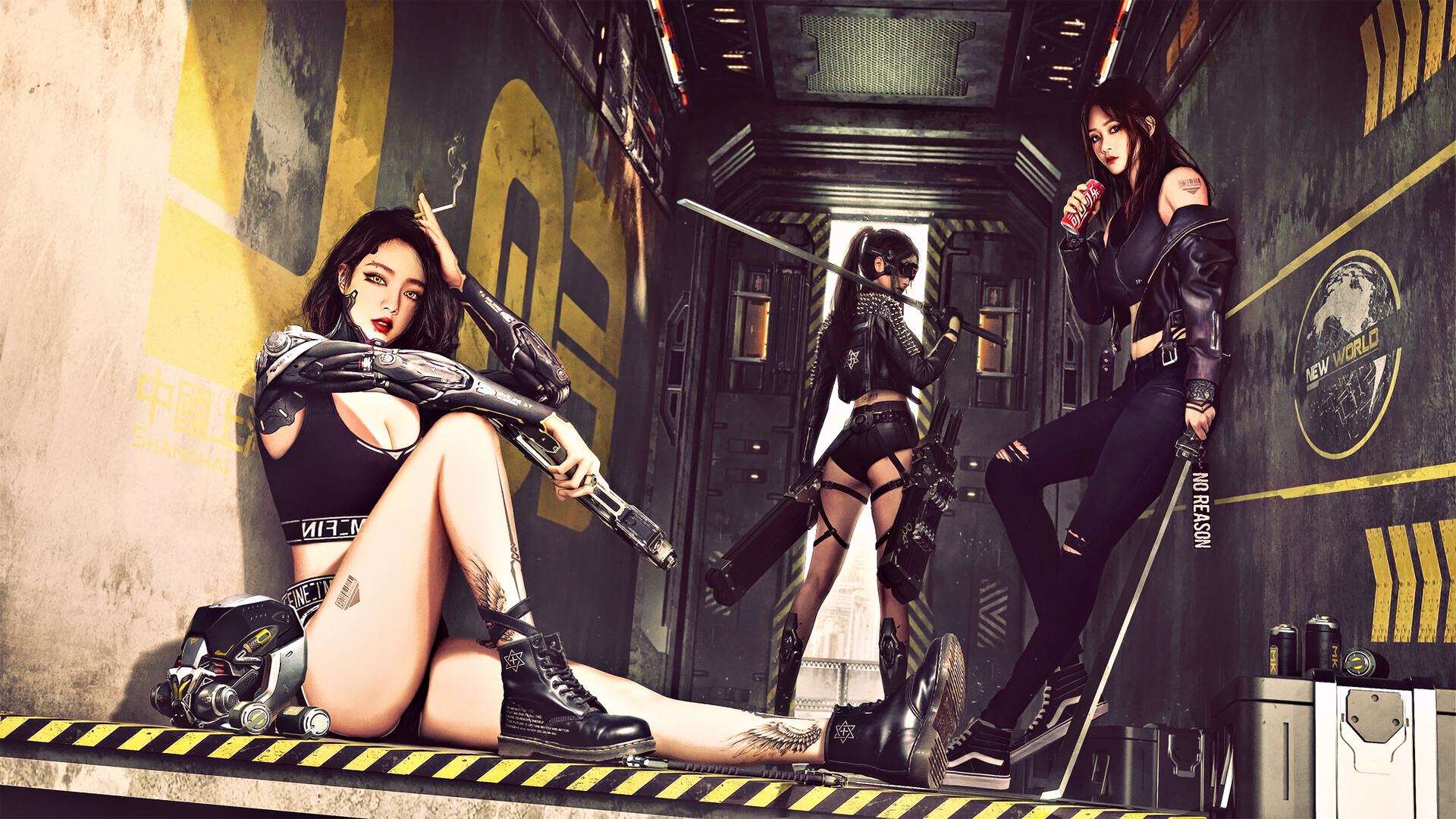 网络朋克 性感身材美女 3D 宇宙飞船 CGI 带武器的女孩 黑色盔甲 壁纸