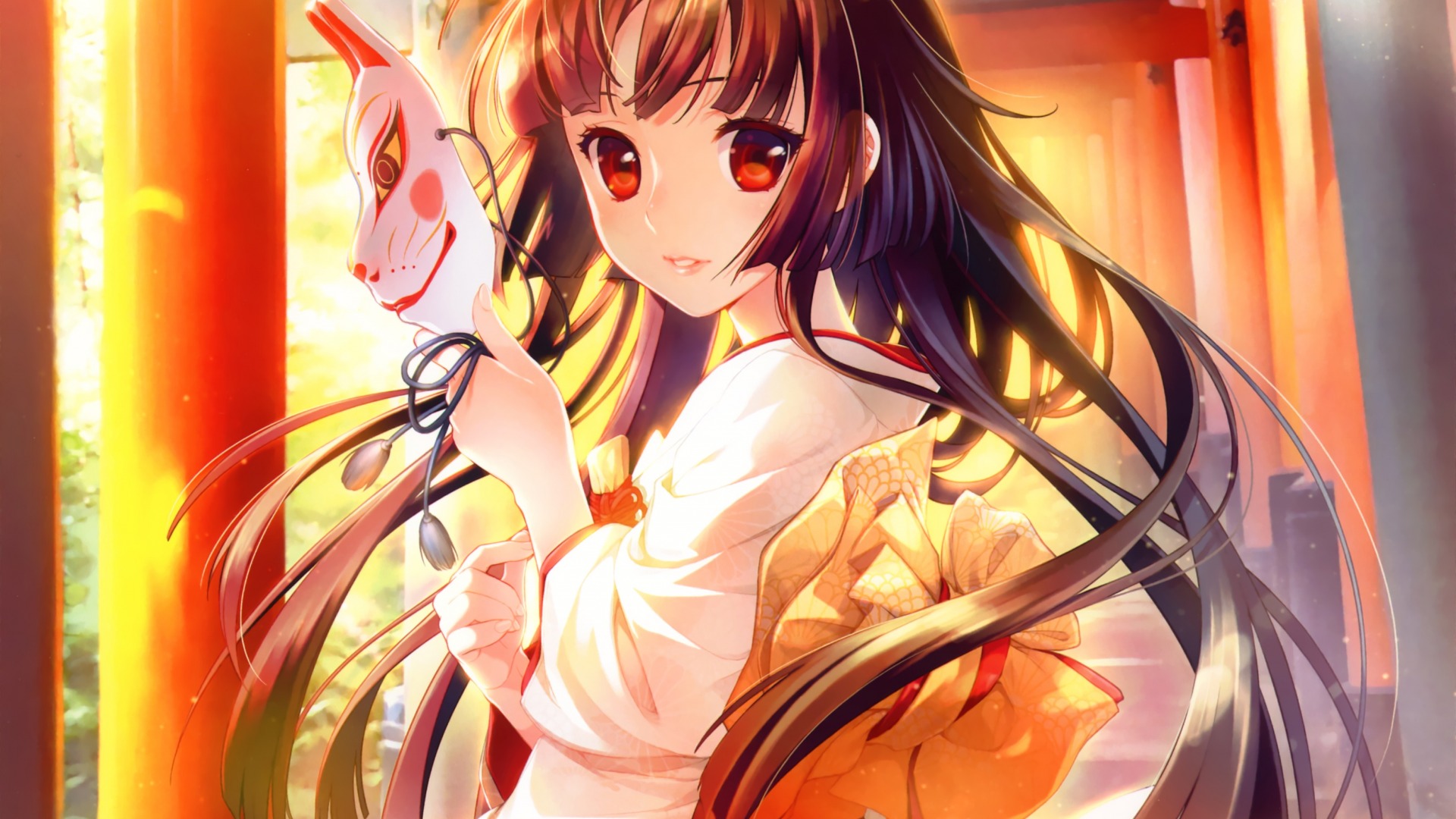 女孩，和服，面具，可爱动漫美少女，桌面壁纸