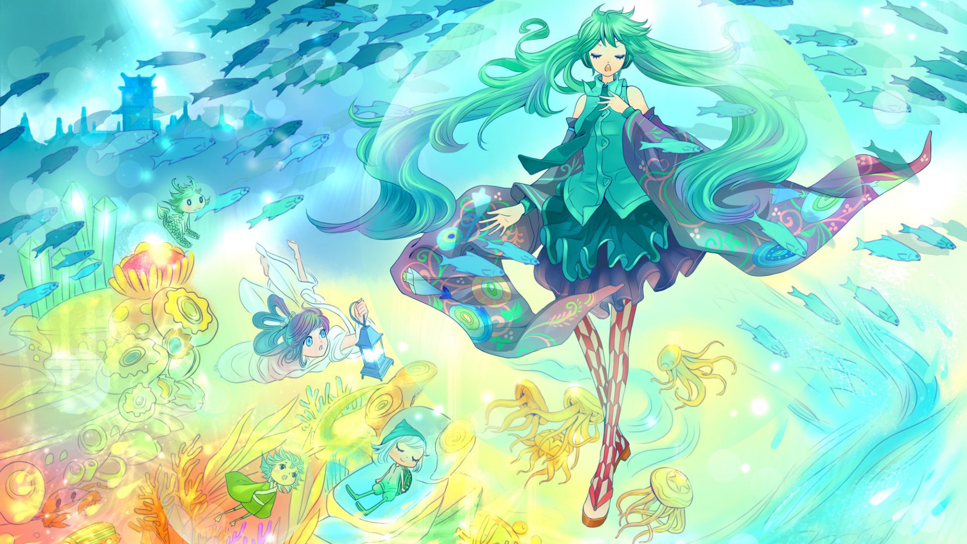 VOCALOID初音未来可爱壁纸，女孩、小孩与鱼的梦幻动漫世界，免费下载桌面背景