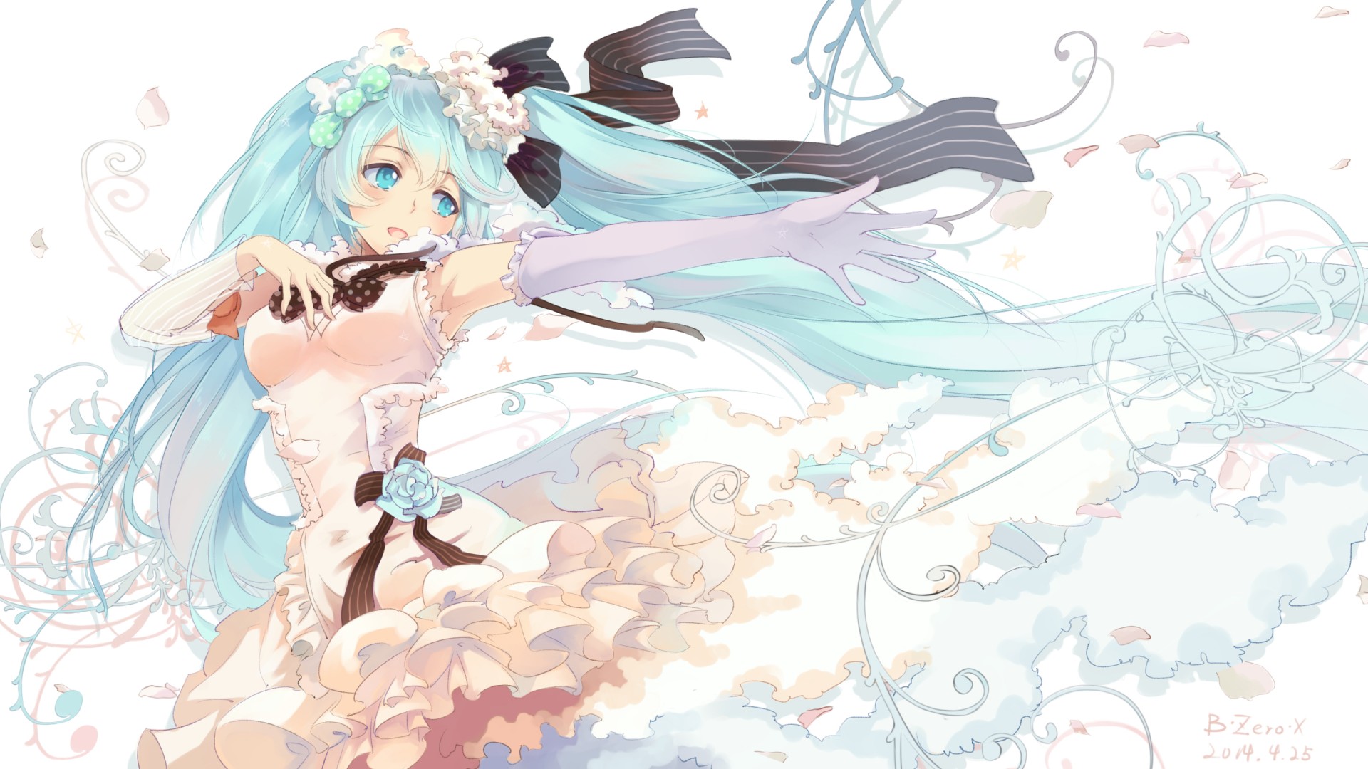 初音未来，丝带轻舞，优雅姿态，免费动漫桌面壁纸下载