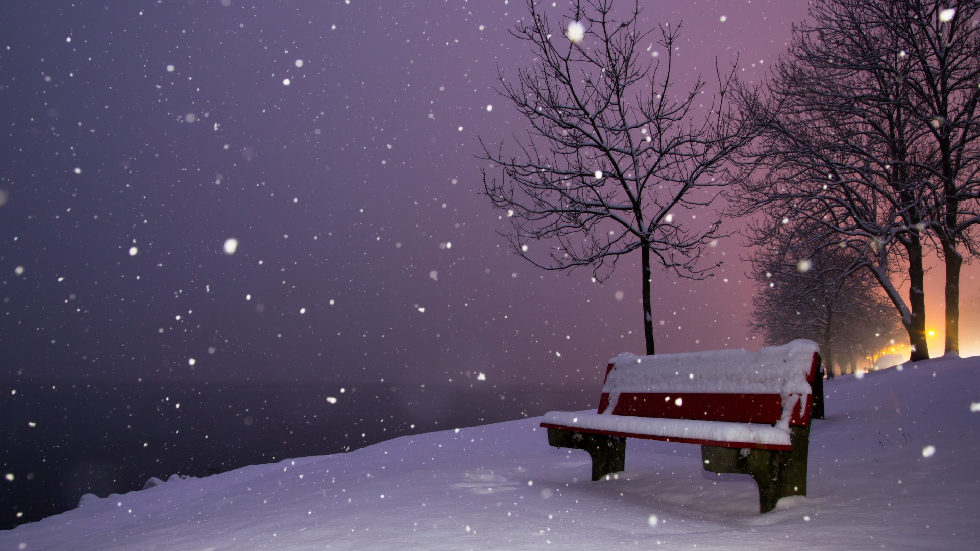 冬夜长凳雪景，唯美电脑壁纸，免费下载，装点你的桌面