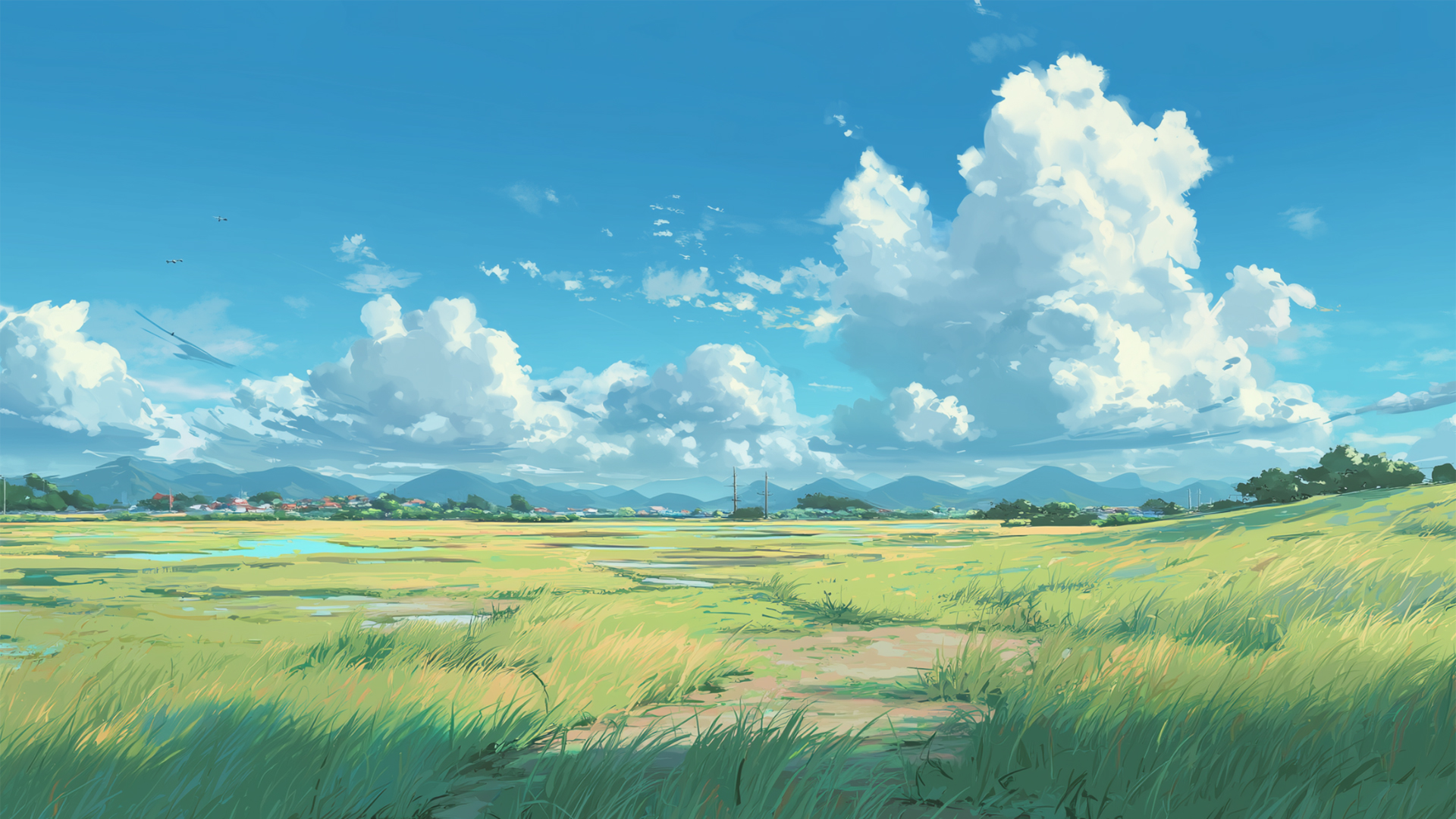 免费下载！清新草地配蓝天白云的乡村风景电脑桌面壁纸