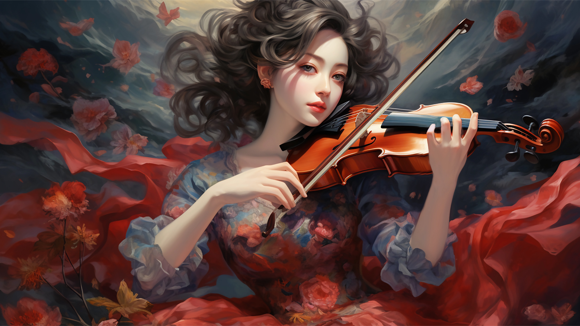 唯美高清动漫美女壁纸，小提琴与花瓣交织的梦幻世界，免费下载！