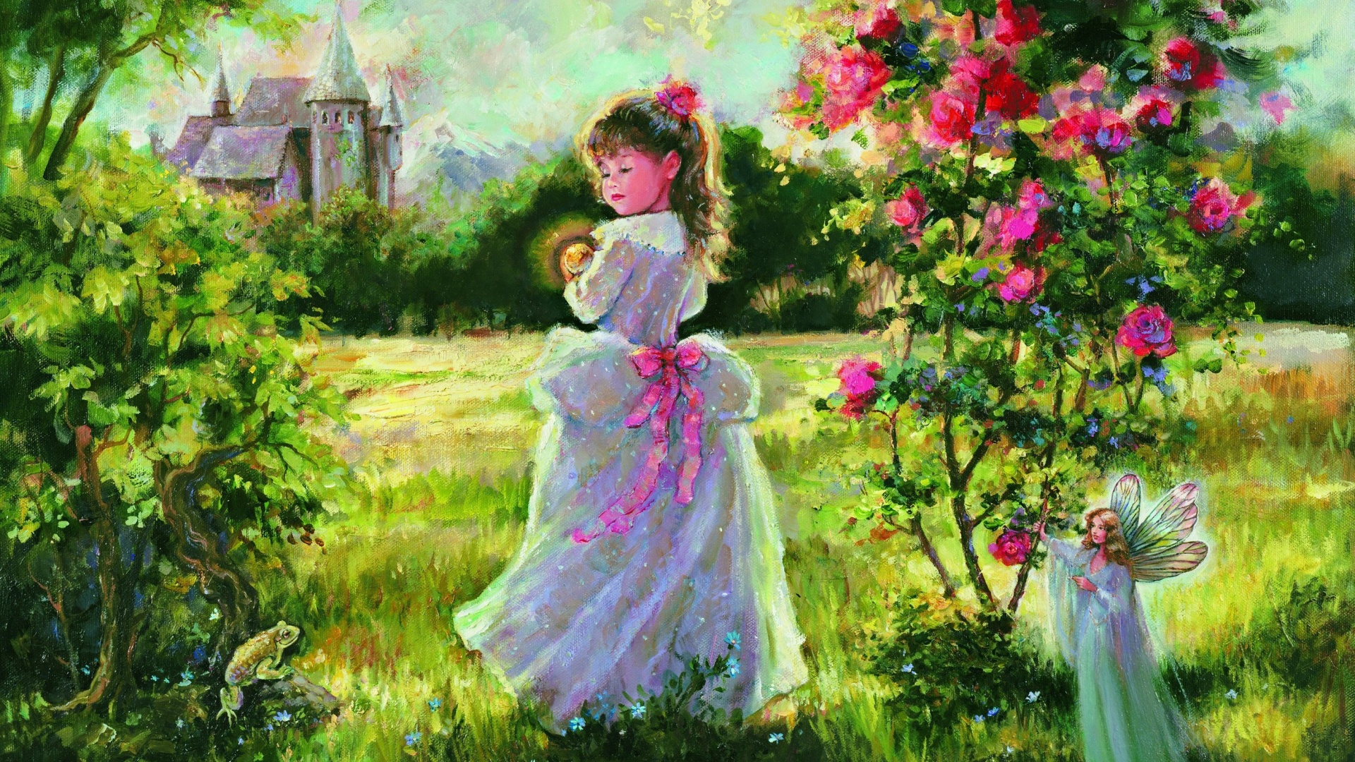 女孩,童话,城堡,青蛙,花草树木,画家:玛丽·巴克斯特圣克莱尔,桌面壁纸