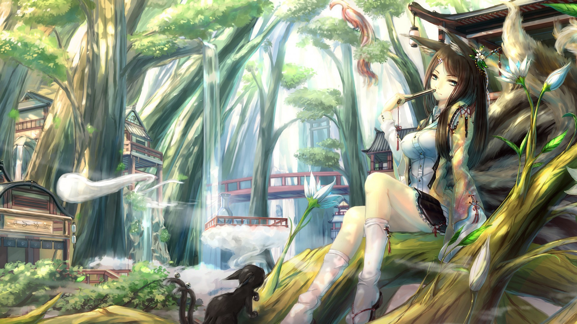 kikivi，女孩，耳朵，尾巴，森林，房子，动漫桌面壁纸