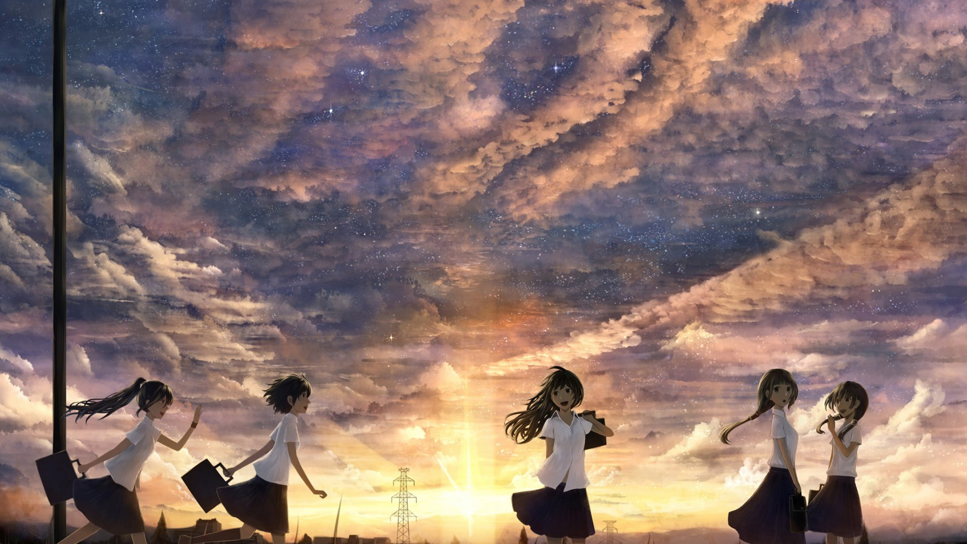 放学女孩与日落的天空，免费可爱动漫壁纸下载