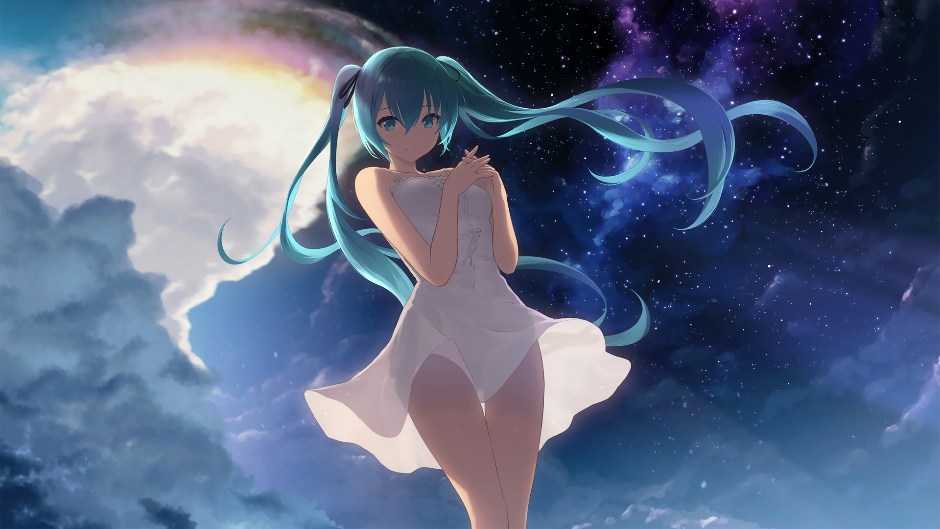 初音未来白色连衣裙星空动漫壁纸，免费电脑壁纸下载，一键获取精美画面！