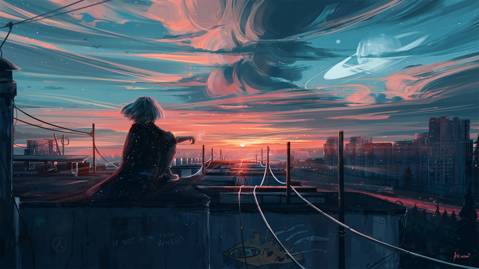 夕阳下，等待中的少女，动漫风格城市天空壁纸，免费下载