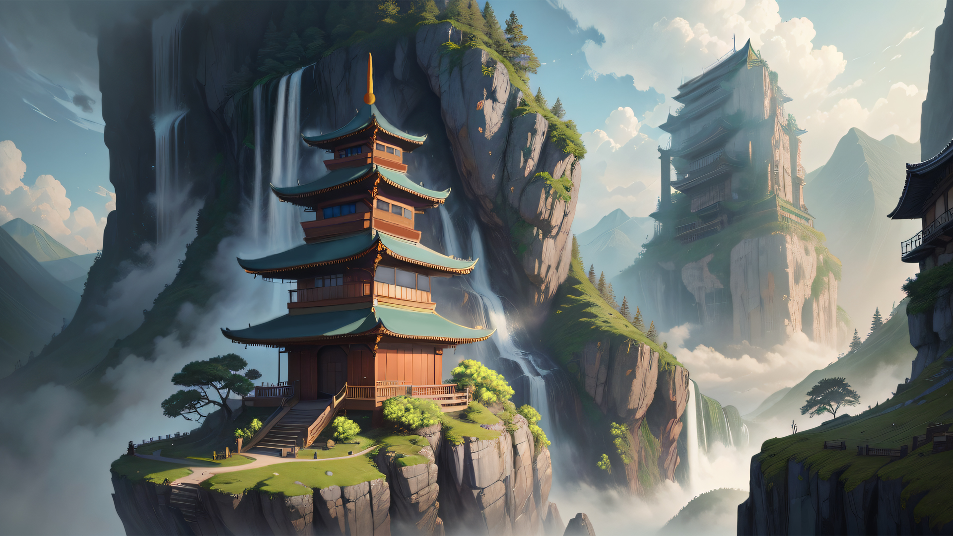 高山瀑布流水映塔影，寺院古木映天云，唯美仙境壁纸，免费下载享仙境之美