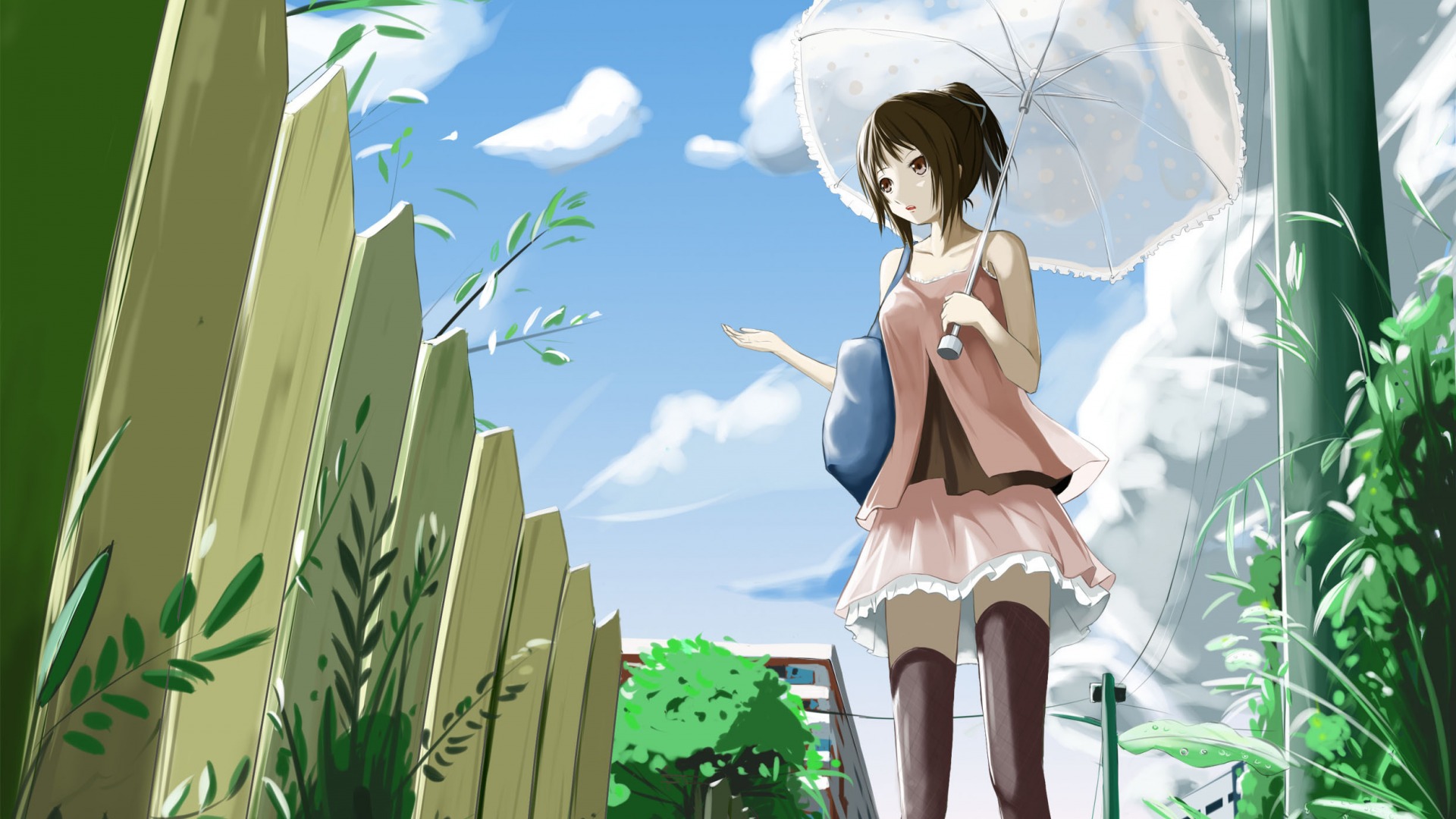 好看长腿女生,裙子,街,夏天,伞,围栏,天空,动漫壁纸