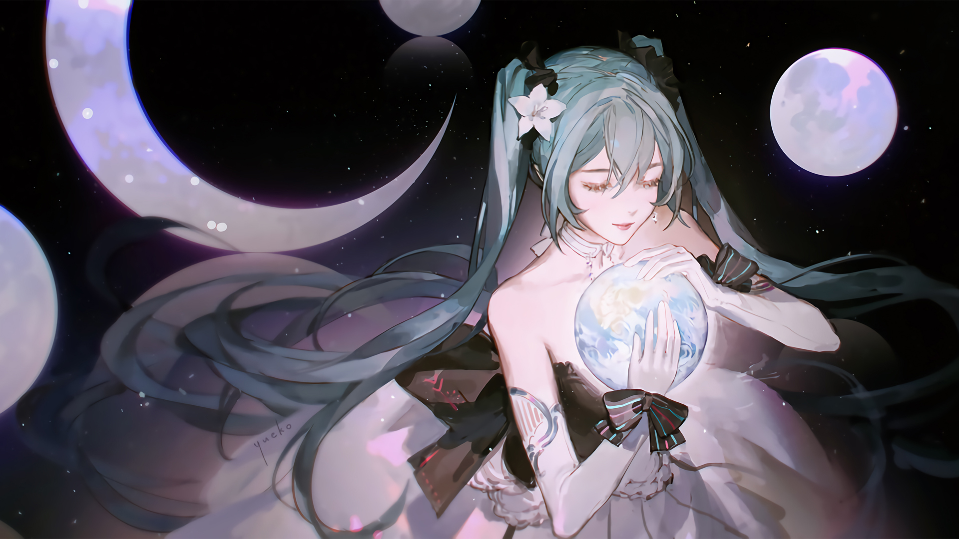 初音未来 女神 水晶球 月亮 唯美动漫壁纸