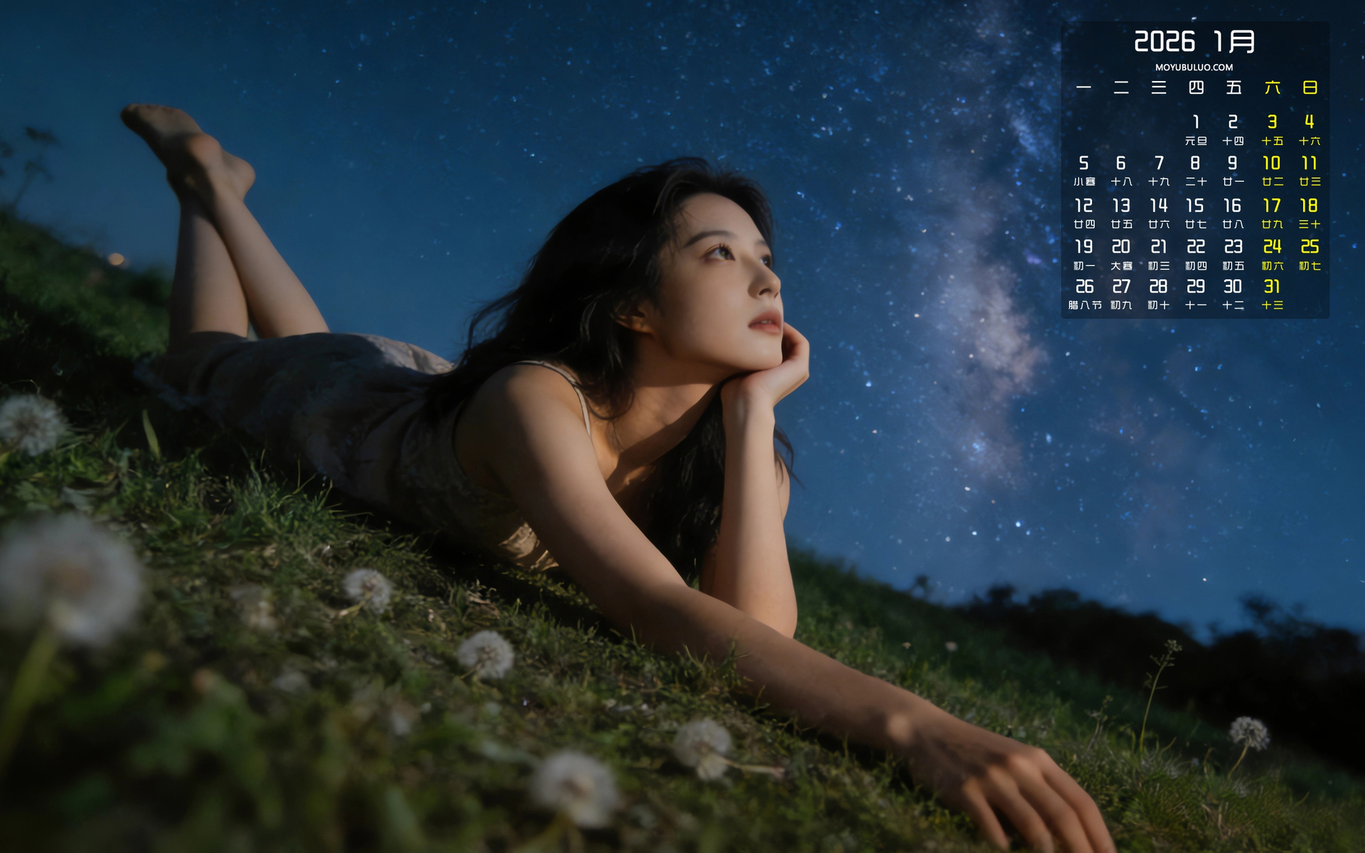 看星空美女2026年1月高清全屏日历电脑壁纸免费下载