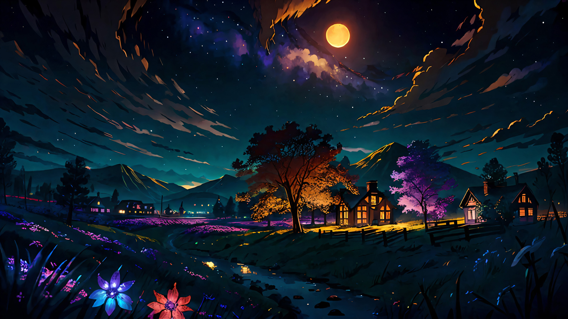 山月之夜AI绘画，绝美夜晚风景壁纸，免费电脑壁纸高清下载