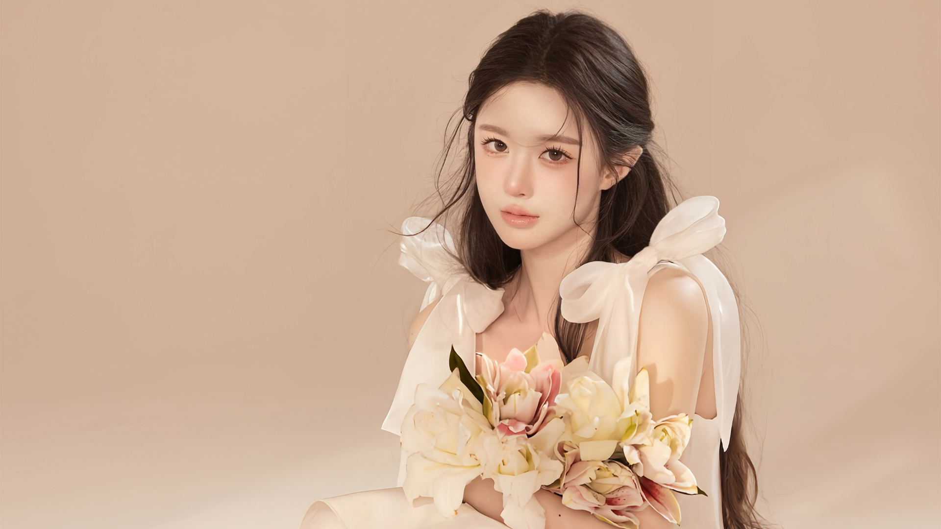 美女抱花壁纸，免费电脑壁纸高清下载
