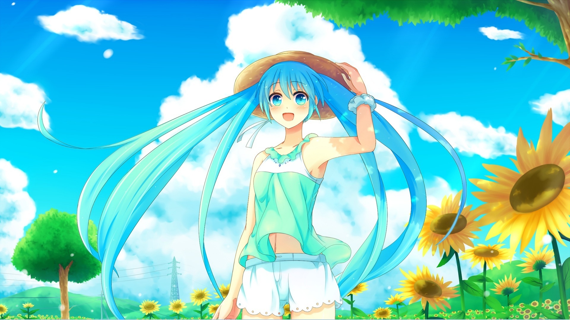 VOCALOID，初音未来，帽子，天空，白云，树，向日葵，可爱动漫女生电脑桌面壁纸
