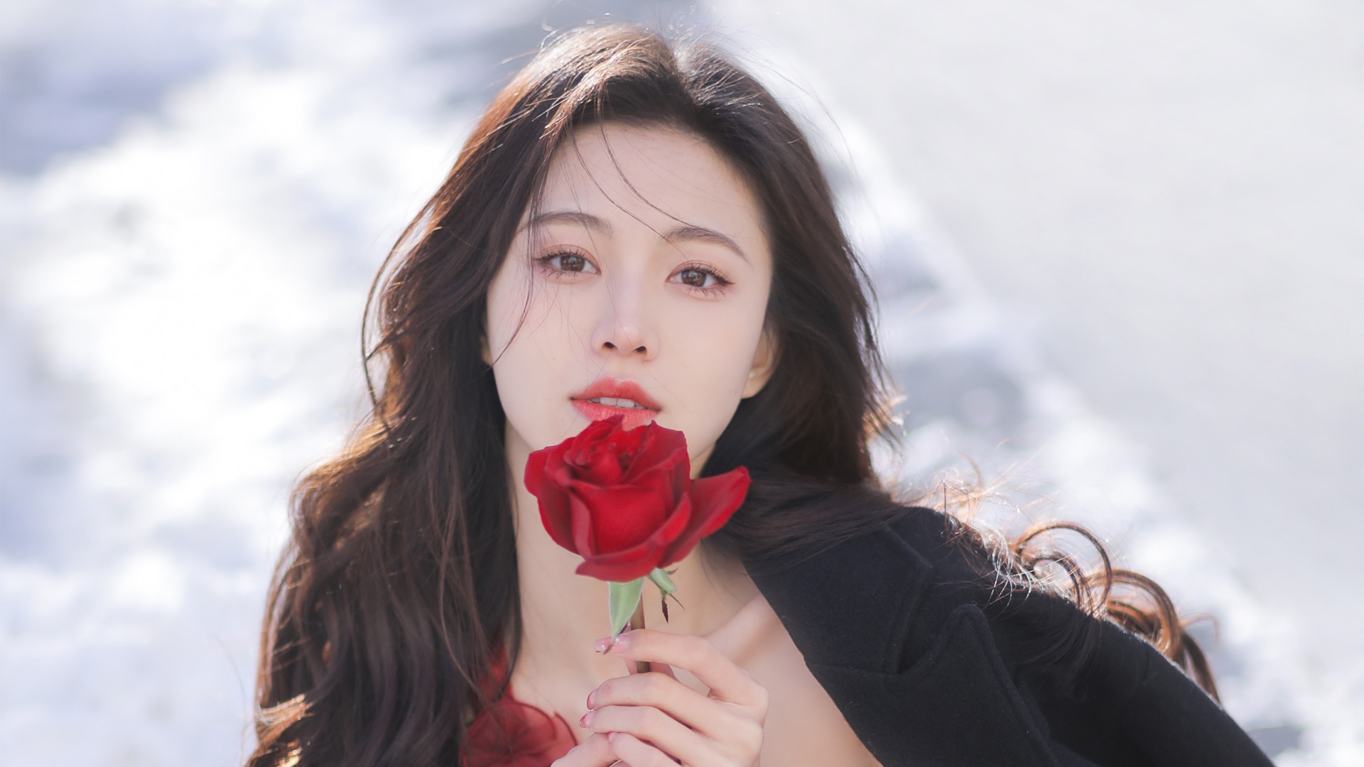 拿着玫瑰花的漂亮美女壁纸
