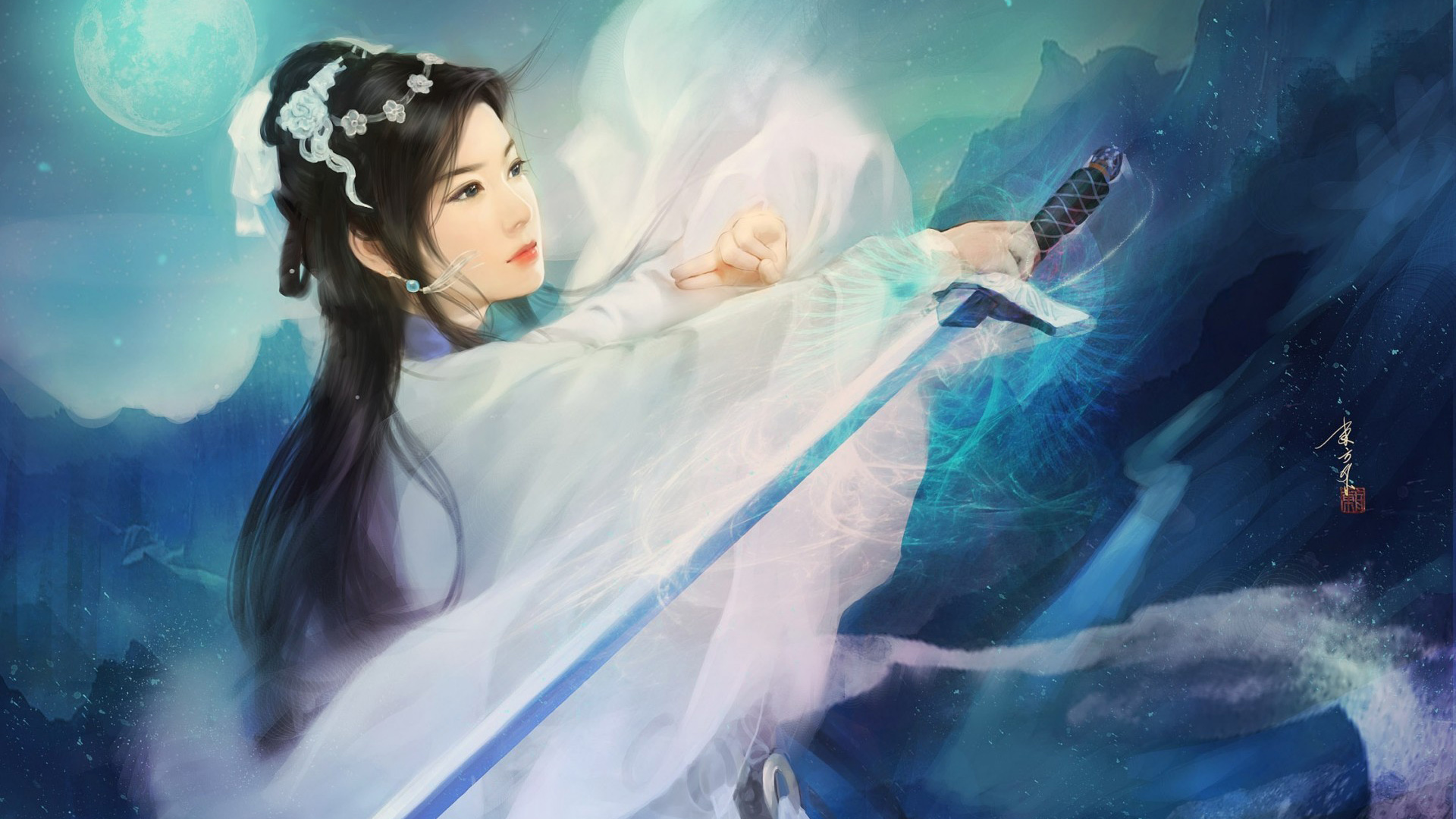 剑，女孩，古装，美女，长发，白色衣服，武术，唯美，好看壁纸