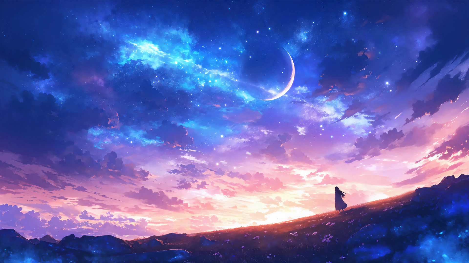 梦幻星空下的女孩唯美动漫桌面壁纸