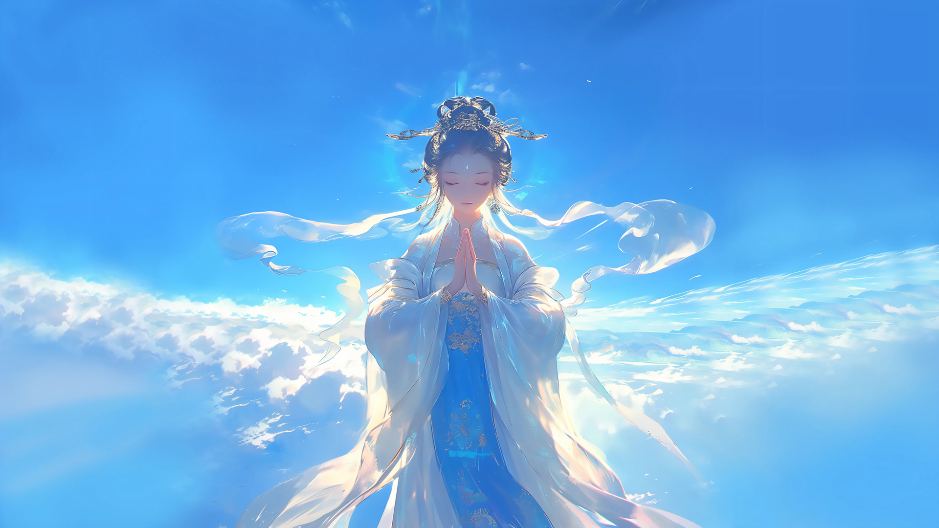 佛系仙女女神壁纸，双手合十，静享蓝色天空之美，动漫风格电脑壁纸免费下载