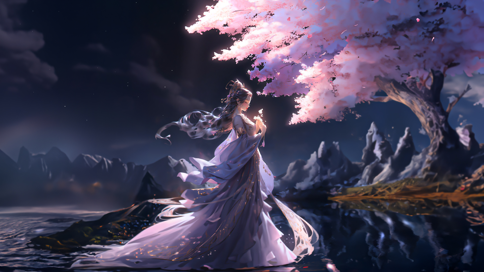 夜晚树下古风女子动漫壁纸，唯美免费电脑壁纸下载