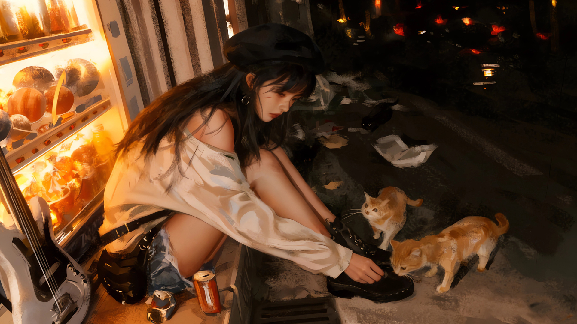 晚上戴帽子的少女与流浪猫动漫免费电脑壁纸下载