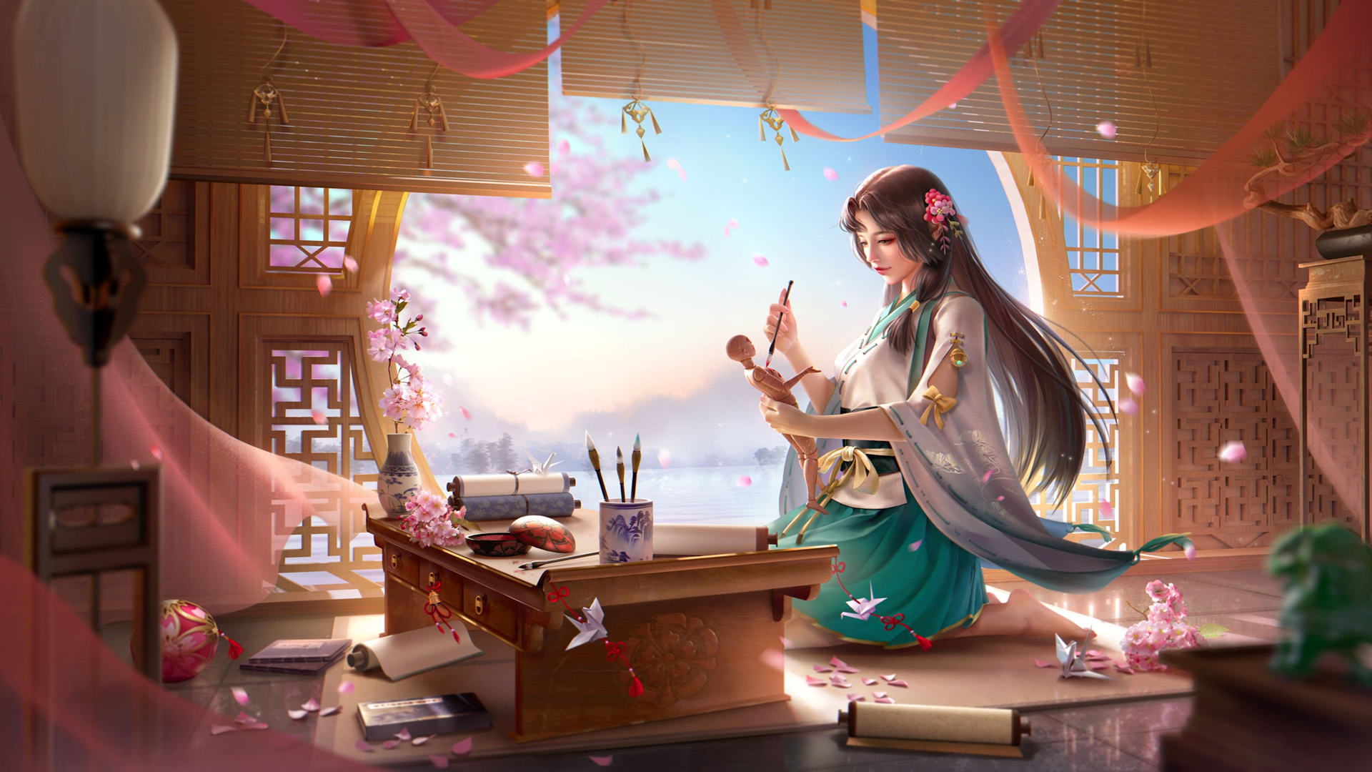 永劫无间胡桃古风美女壁纸，桃花绽放，笔墨纸砚相伴，免费下载电脑壁纸