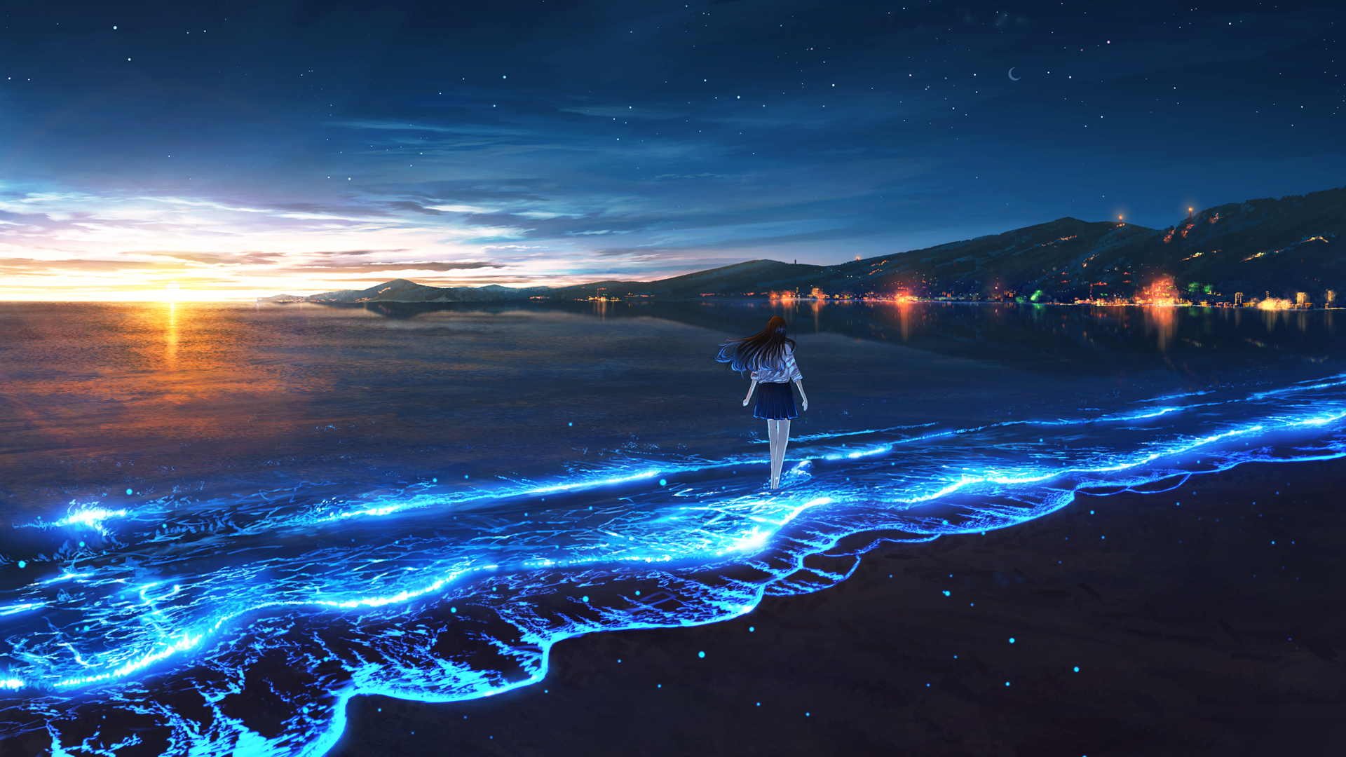 蓝色心情，傍晚海边风景，唯美少女动漫壁纸免费下载