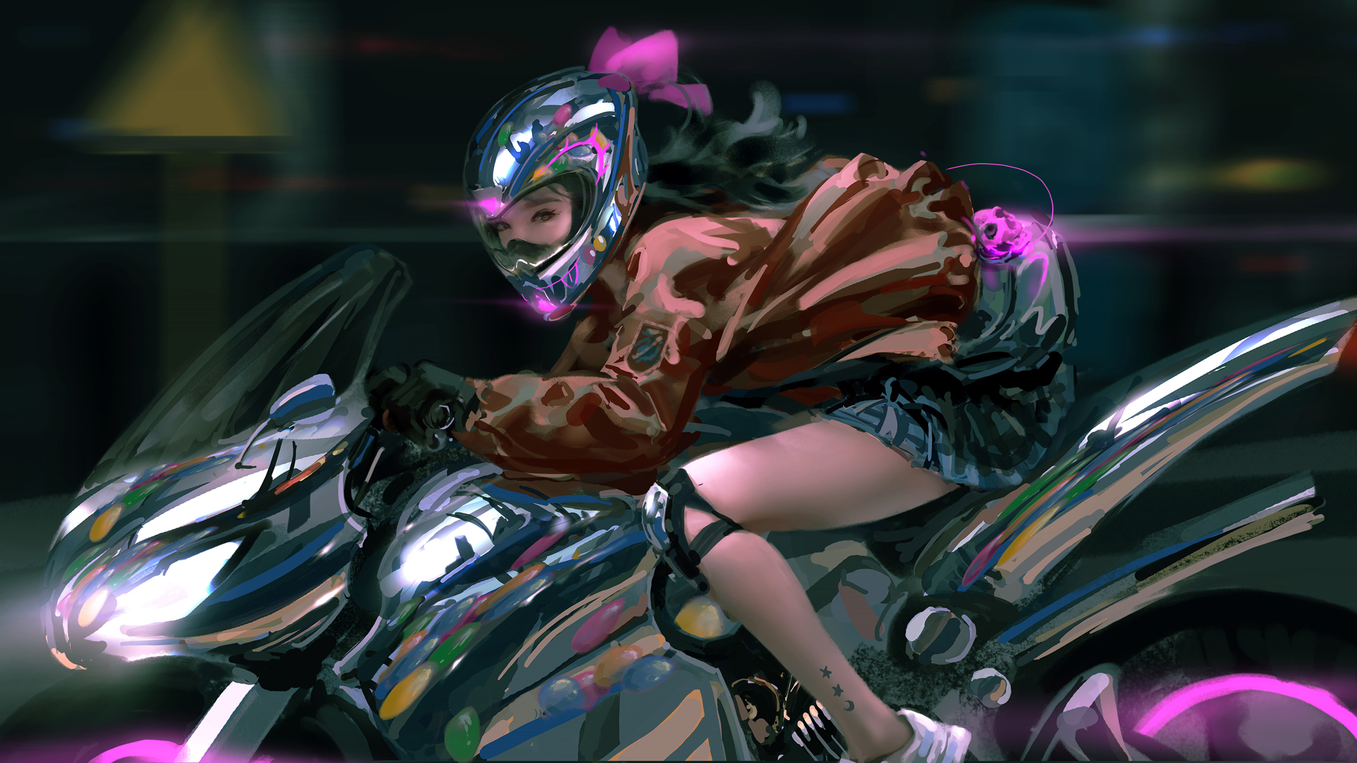 摩托车 少女 女孩 厚涂 动漫 高清壁纸