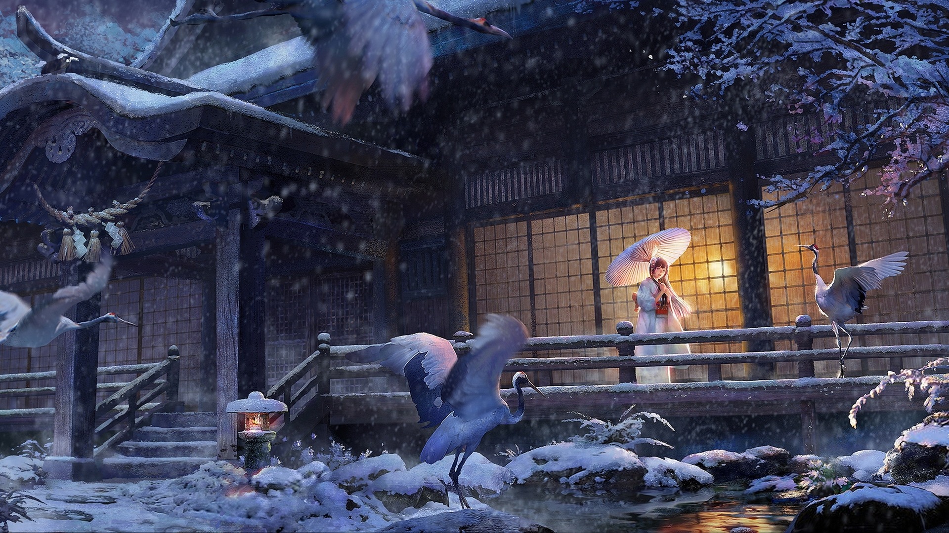 雪天鹤舞，女孩撑伞赏房，唯美动漫壁纸免费下载