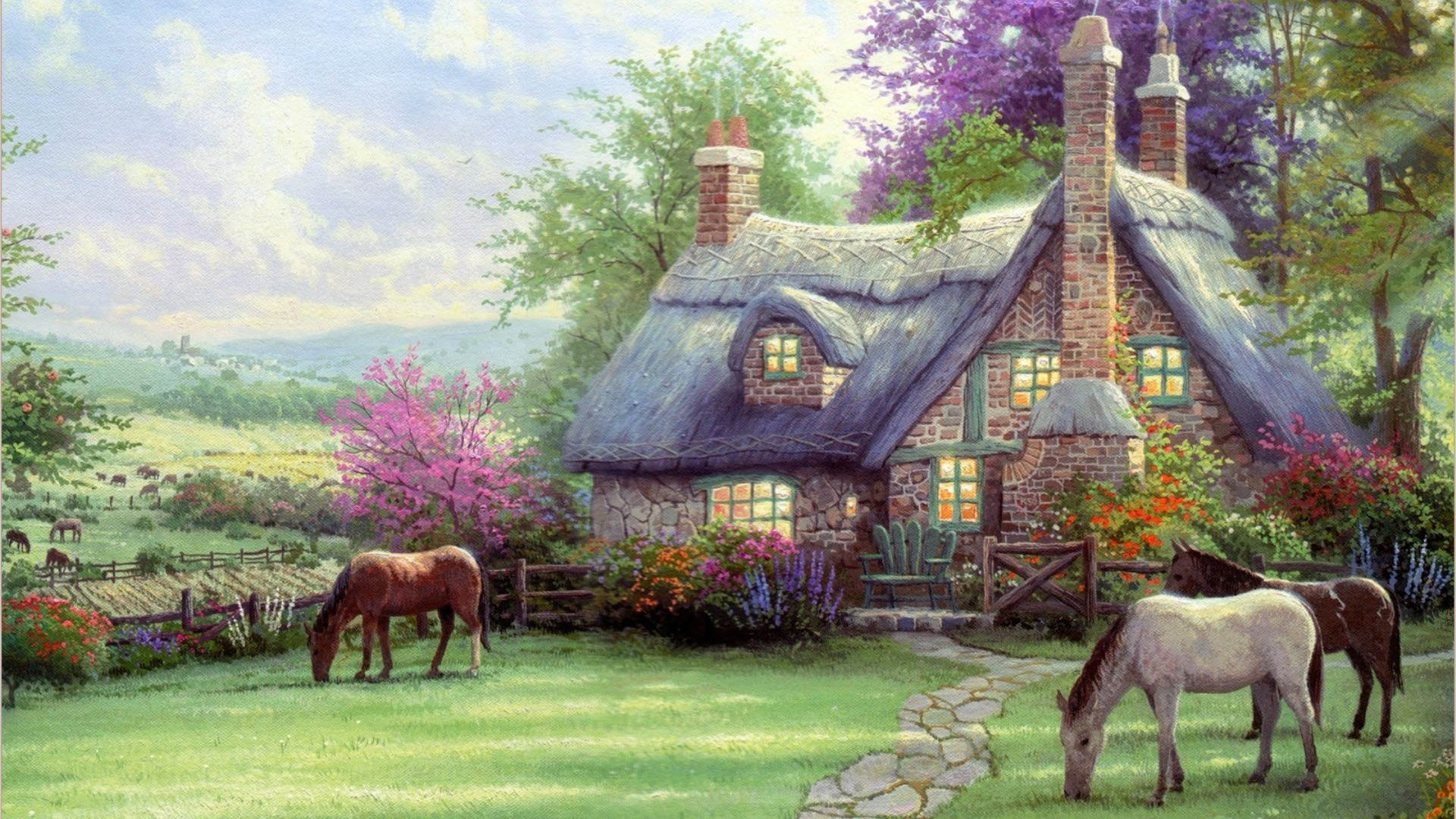 托马斯·金凯德画作，夏日骏马与家园美景，高清壁纸免费下载