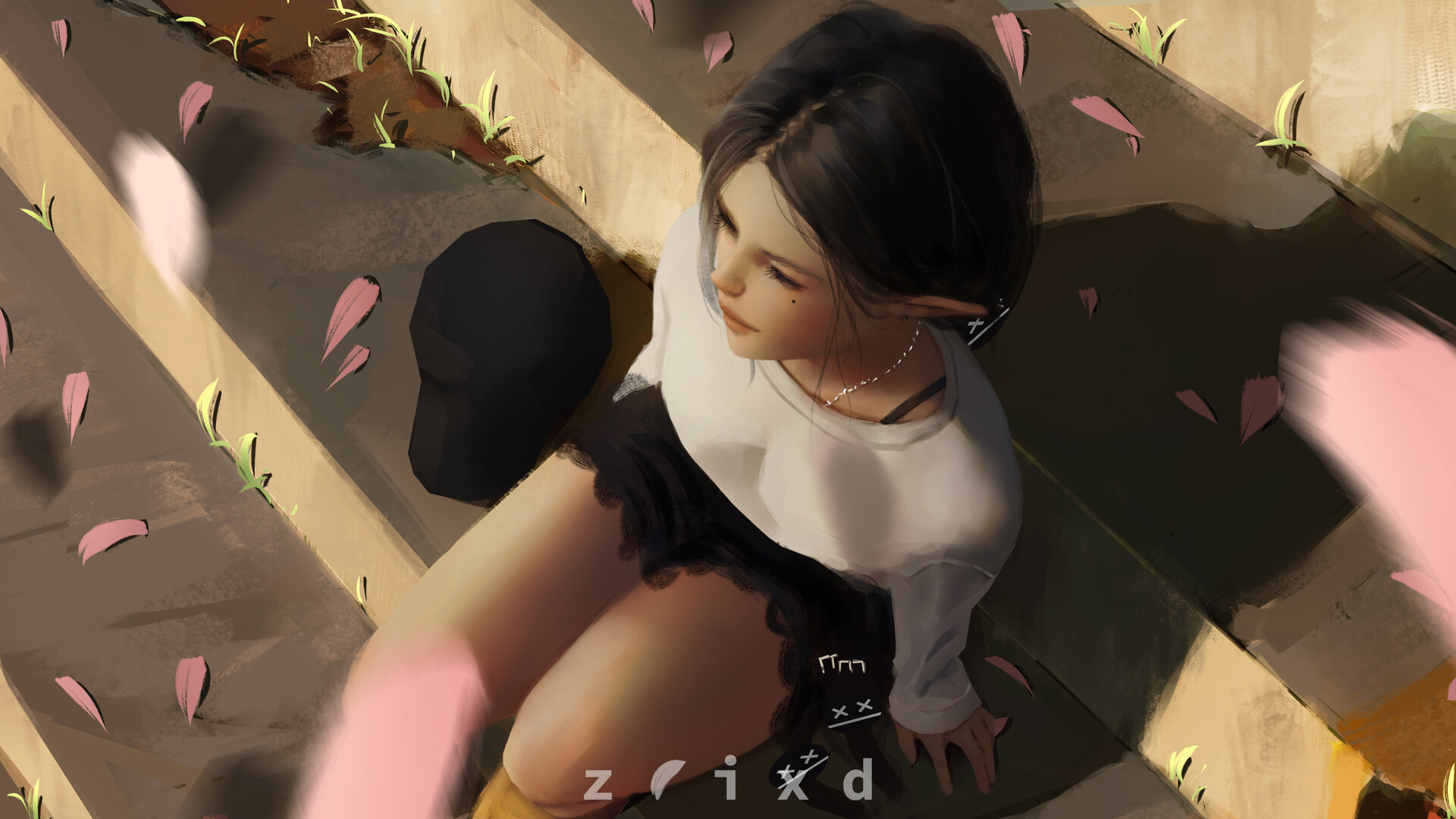 女孩楼梯静坐，厚涂画风呈现，绝美动漫人物壁纸，免费电脑壁纸下载