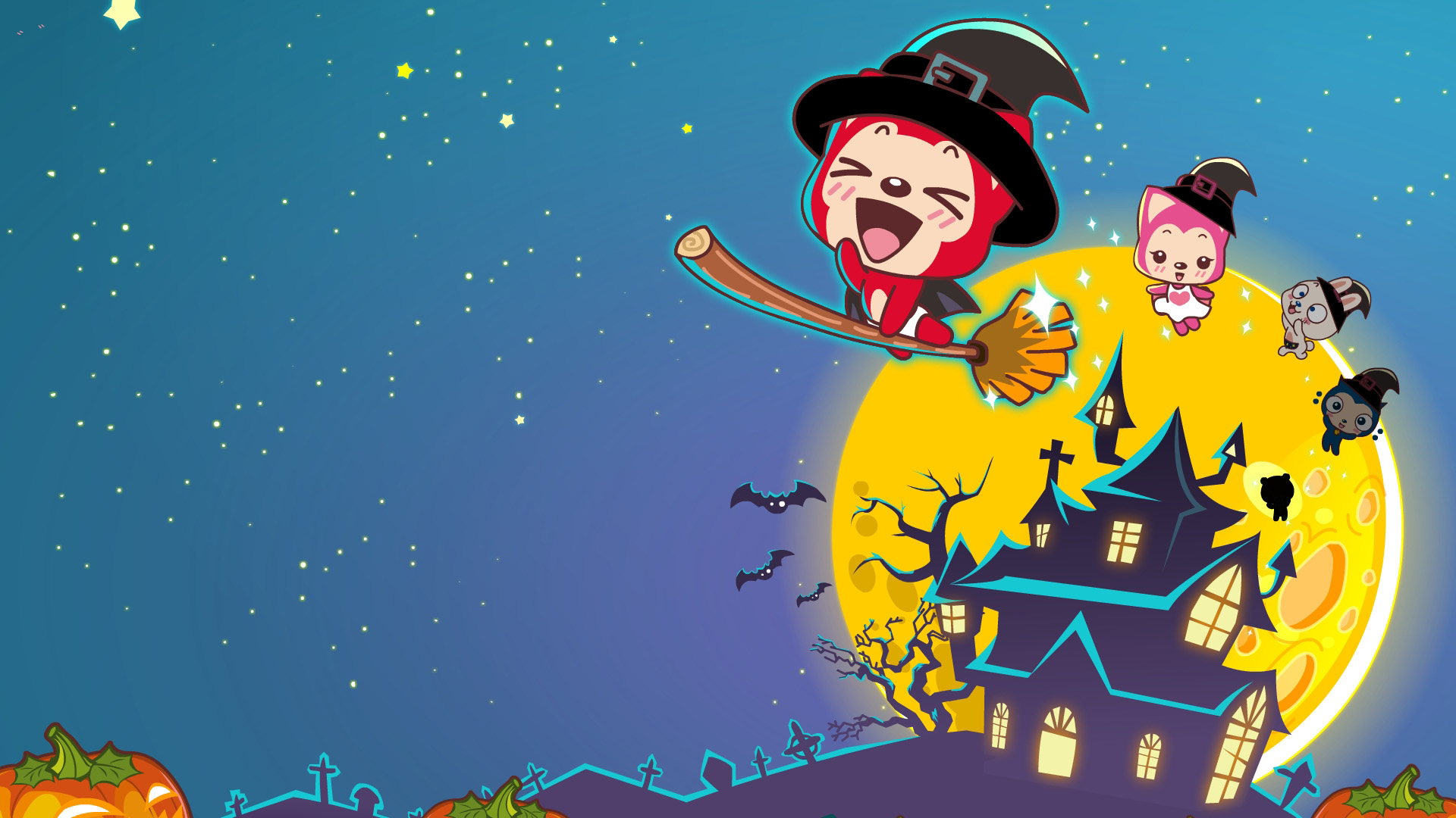 万圣节神秘之旅，阿狸巫师飞扫把，古堡蝙蝠南瓜月，免费桌面壁纸下载