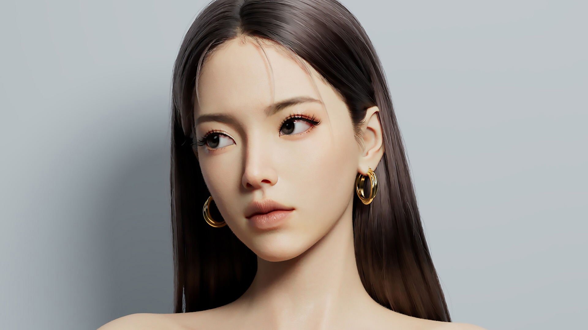 免费下载3D动漫长发美女电脑壁纸，精致耳环脸庞美轮美奂