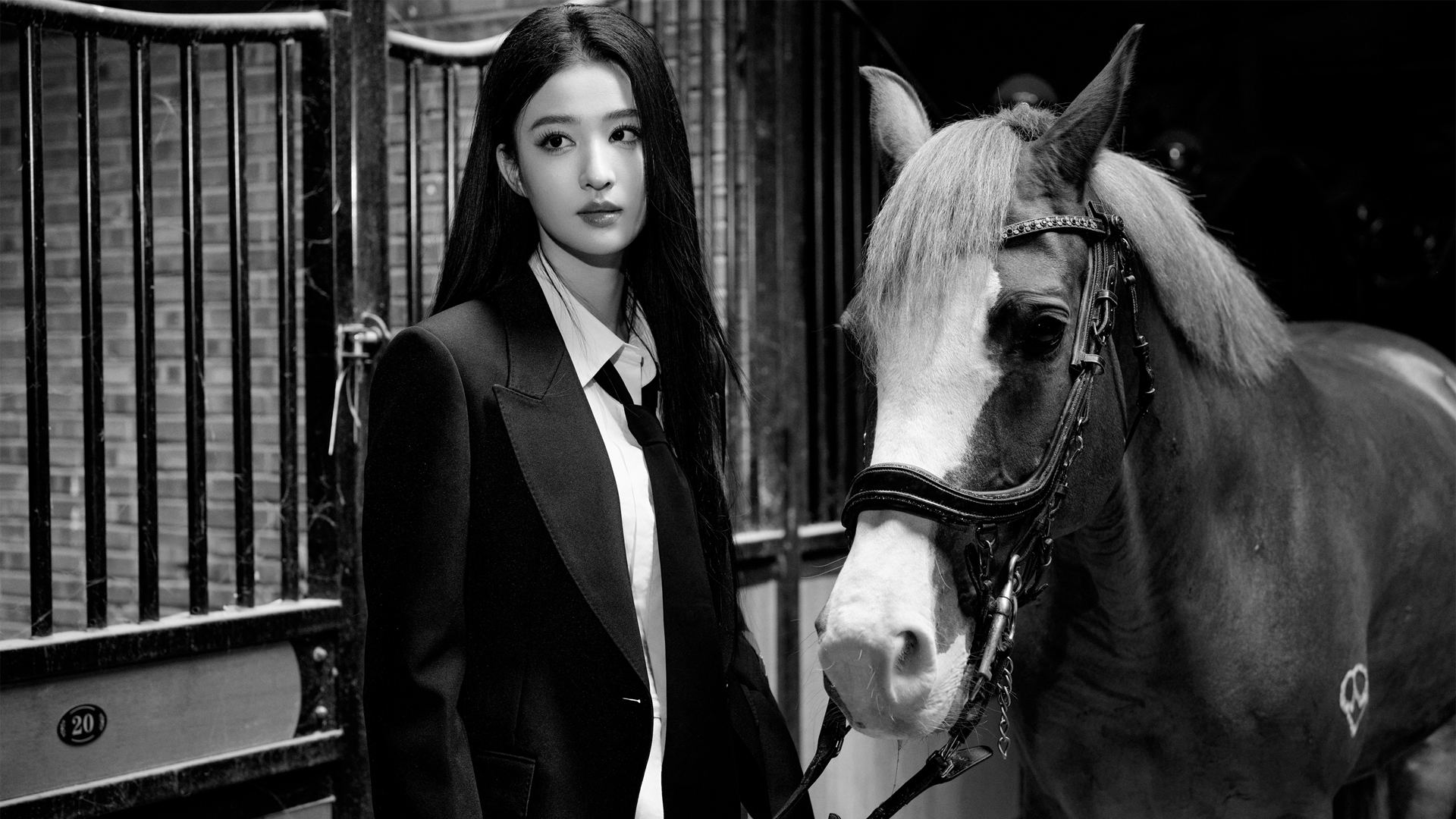 王楚然黑色西服骑马美图，高清美女桌面壁纸，免费电脑壁纸下载