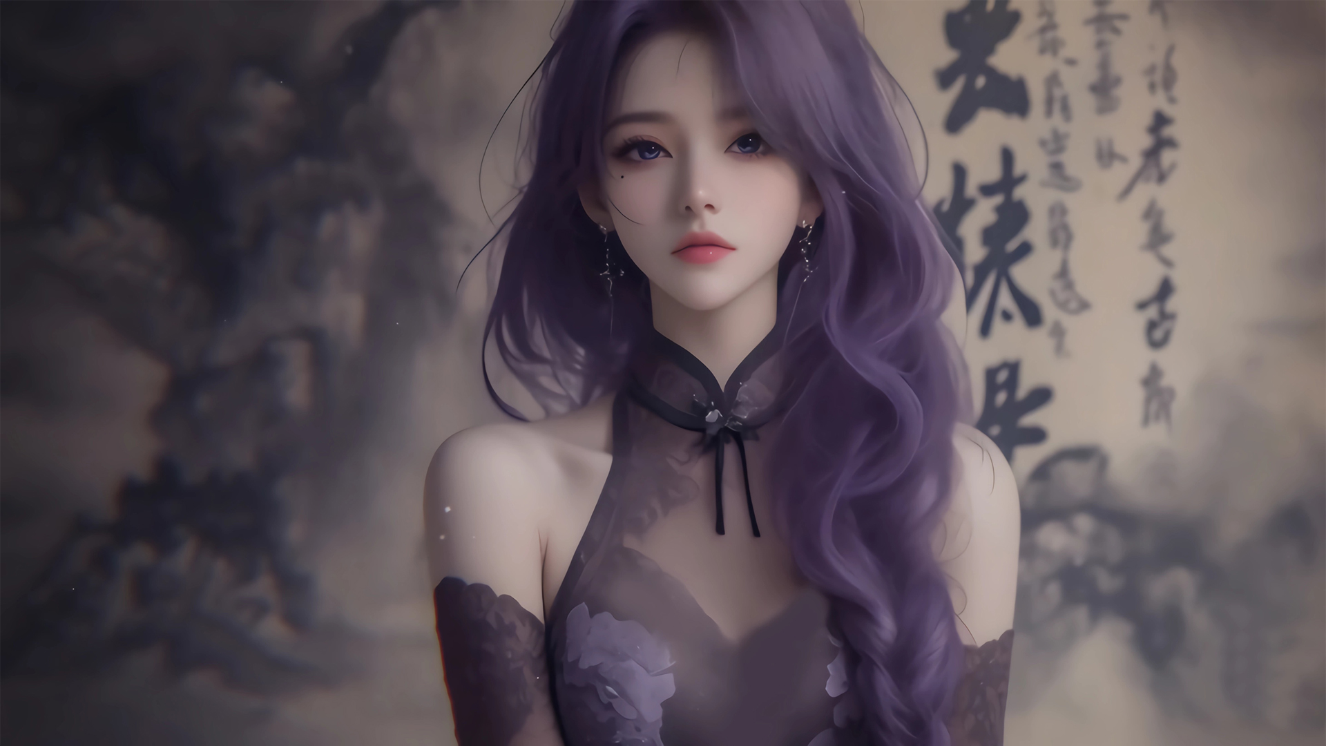 紫色长卷发古风美女动漫电脑壁纸，免费下载