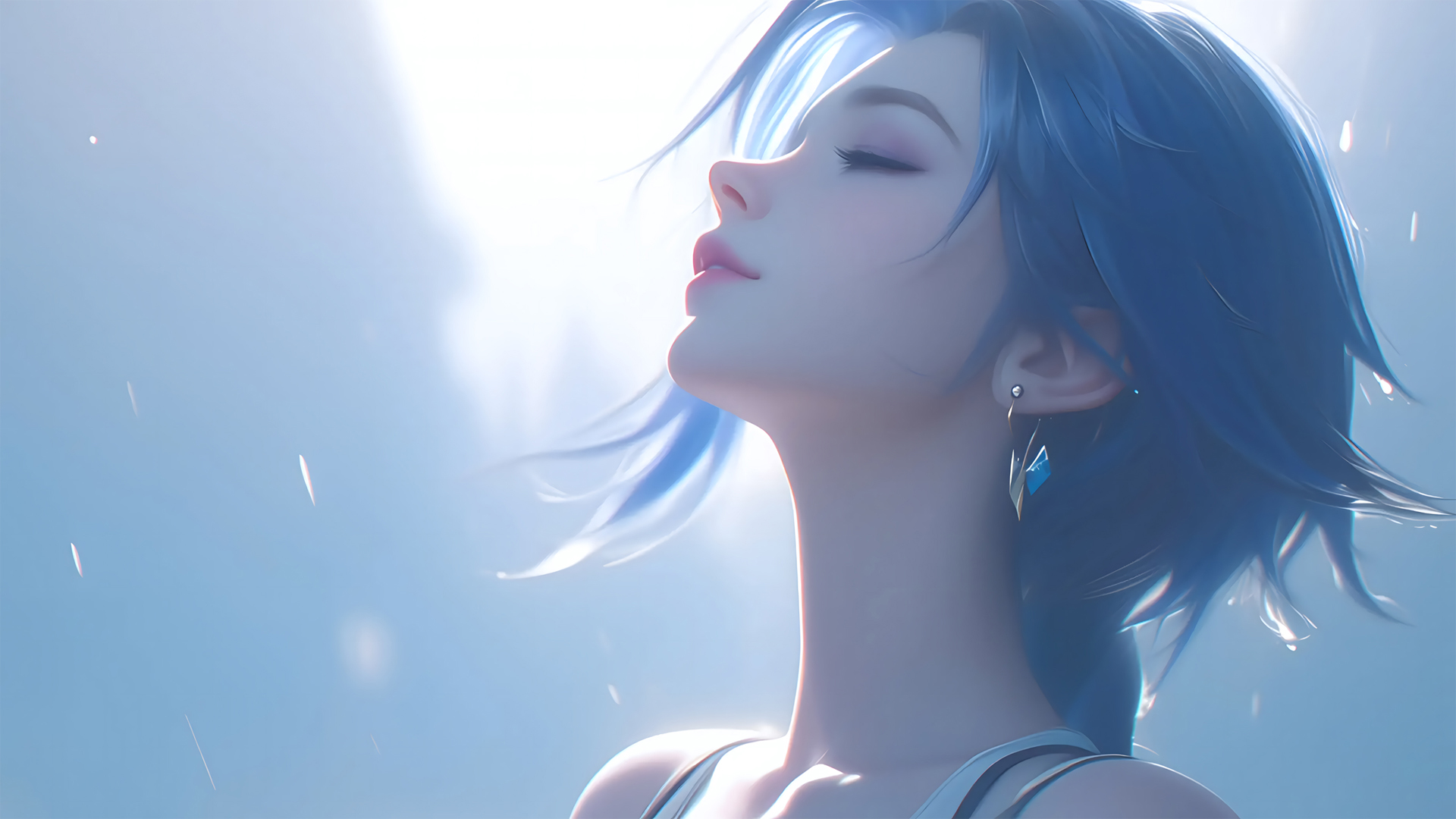 蓝色头发美女 闭眼 唯美 侧脸 动漫壁纸