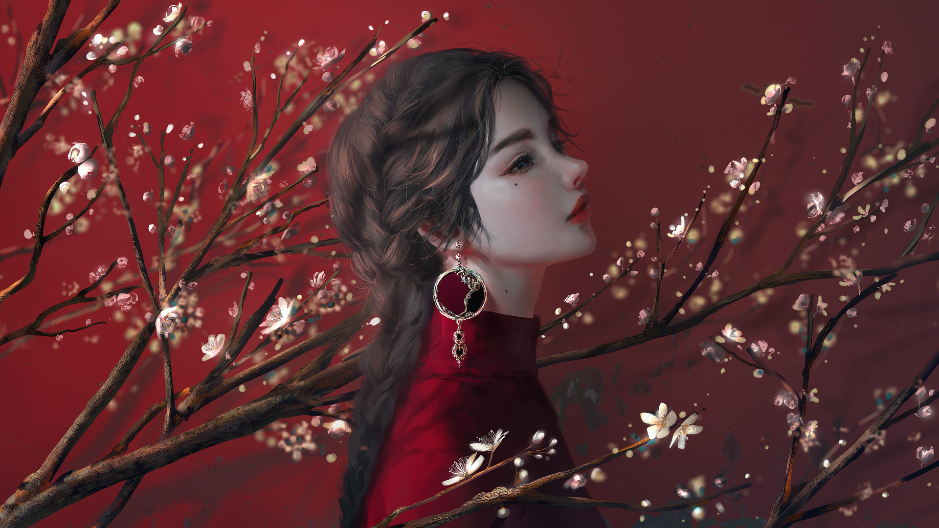 唯美梅花长辫动漫美女，高清耳环壁纸，免费电脑下载