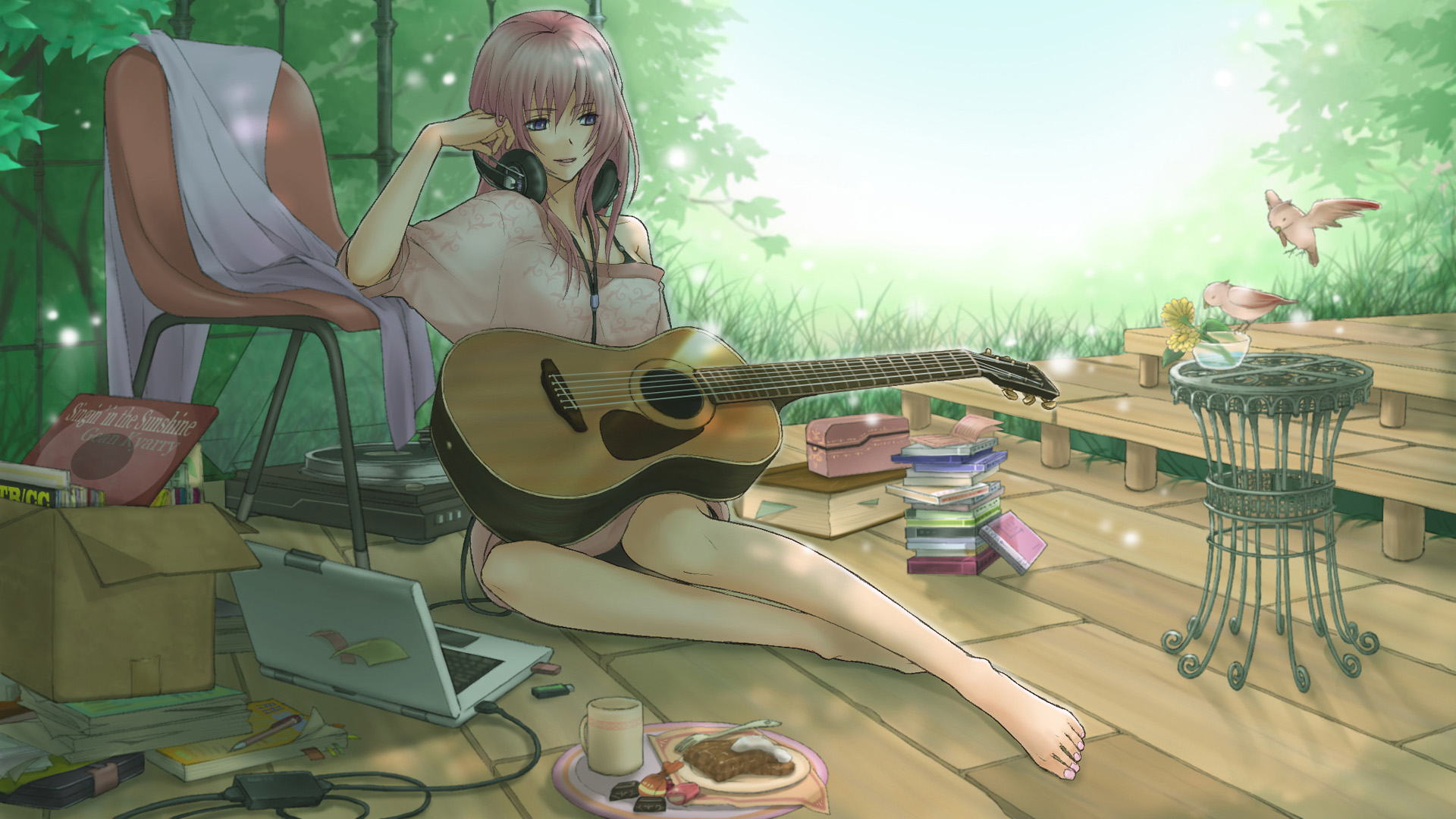 赤脚吉他少女，粉色秀发轻扬，耳机旁小鸟轻啼，唯美动漫壁纸免费下载