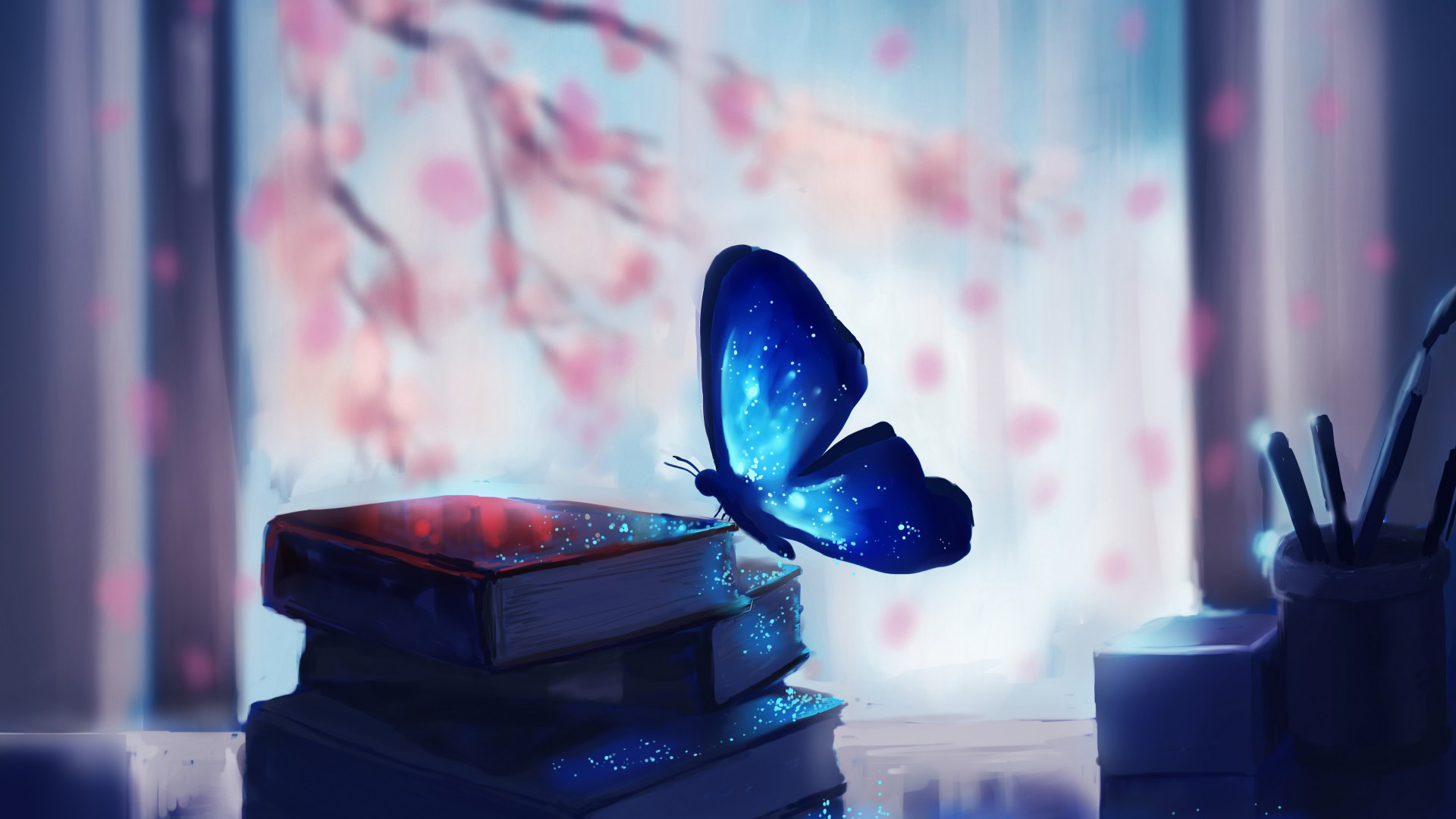 克罗地亚Chibionpu梦幻插画，蝴蝶，书，唯美意境壁纸