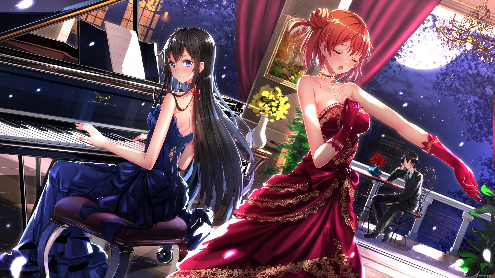 漂亮动漫美少女，钢琴，优美的礼服，晚会，唯美，动漫女生壁纸