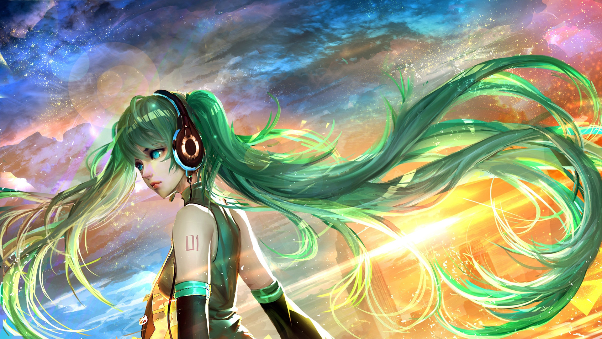 VOCALOID三苦初音女孩动漫壁纸，可爱耳朵造型，免费电脑壁纸下载